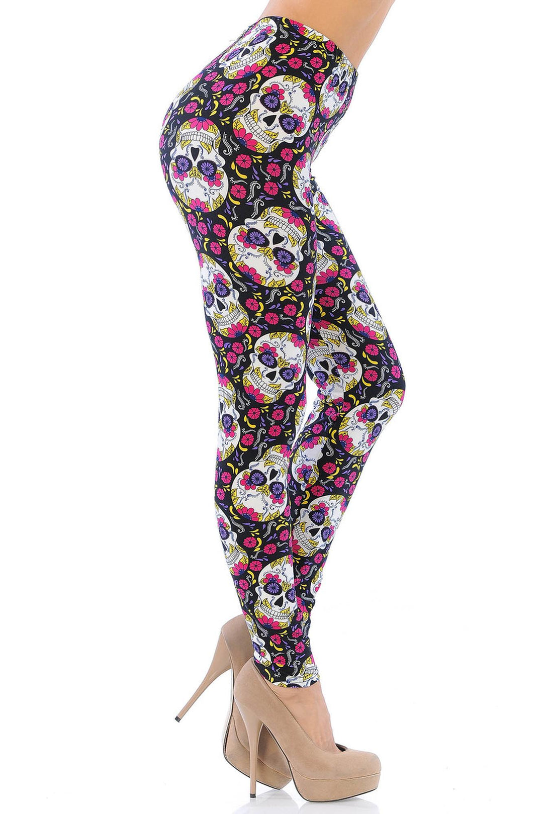 Buttery Soft Floral Petal Sugar Skull Leggings (One Size Regular,Pink)