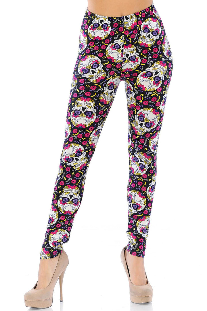 Buttery Soft Floral Petal Sugar Skull Leggings (One Size Regular,Pink)