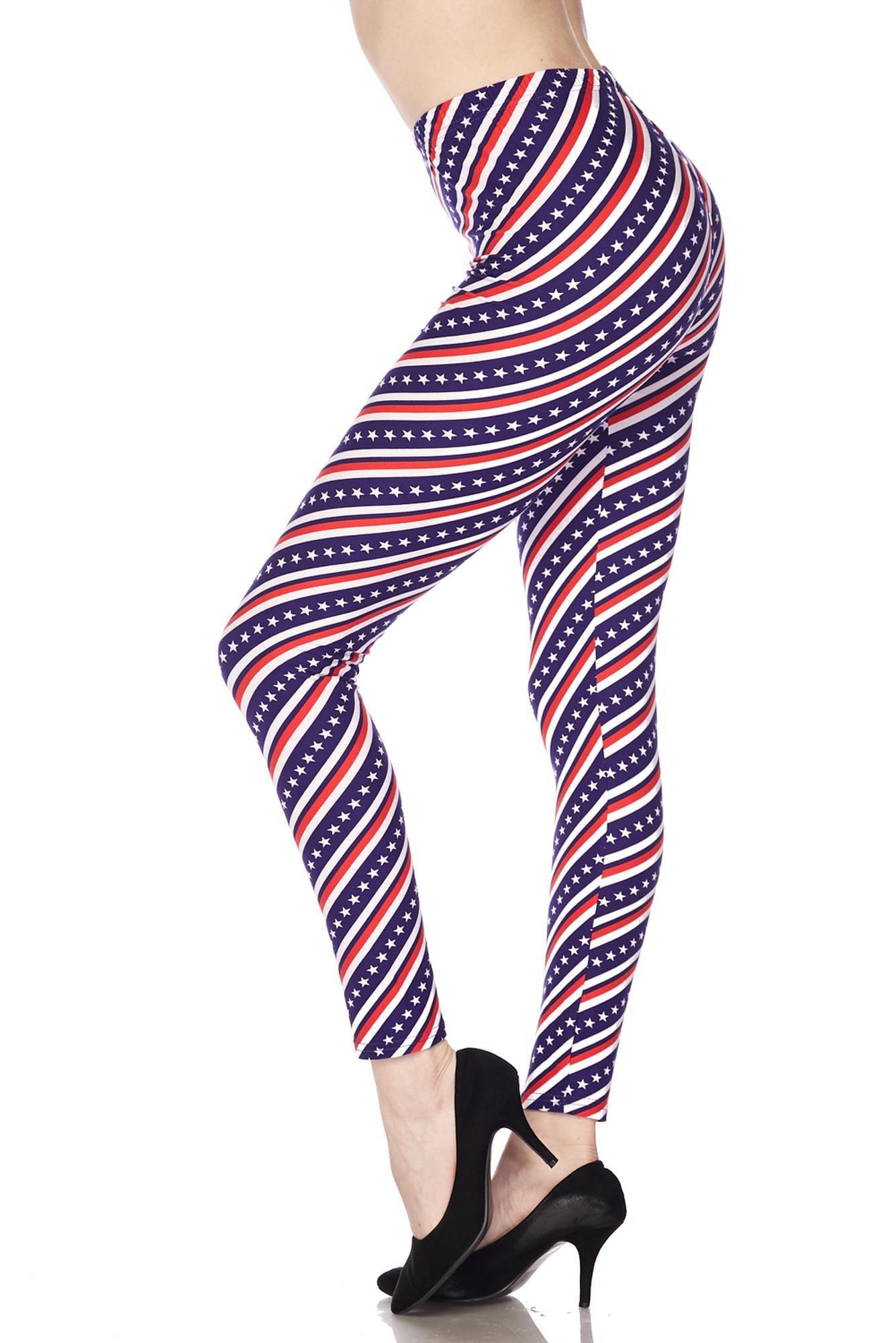 Buttery Soft Spiral Stars and Stripes Leggings (One Size Regular,Blue)