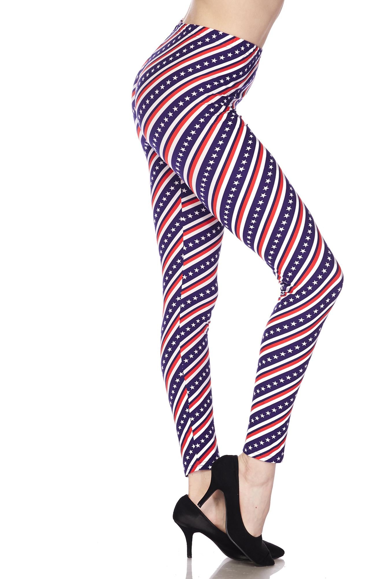 Buttery Soft Spiral Stars and Stripes Leggings (One Size Regular,Blue)