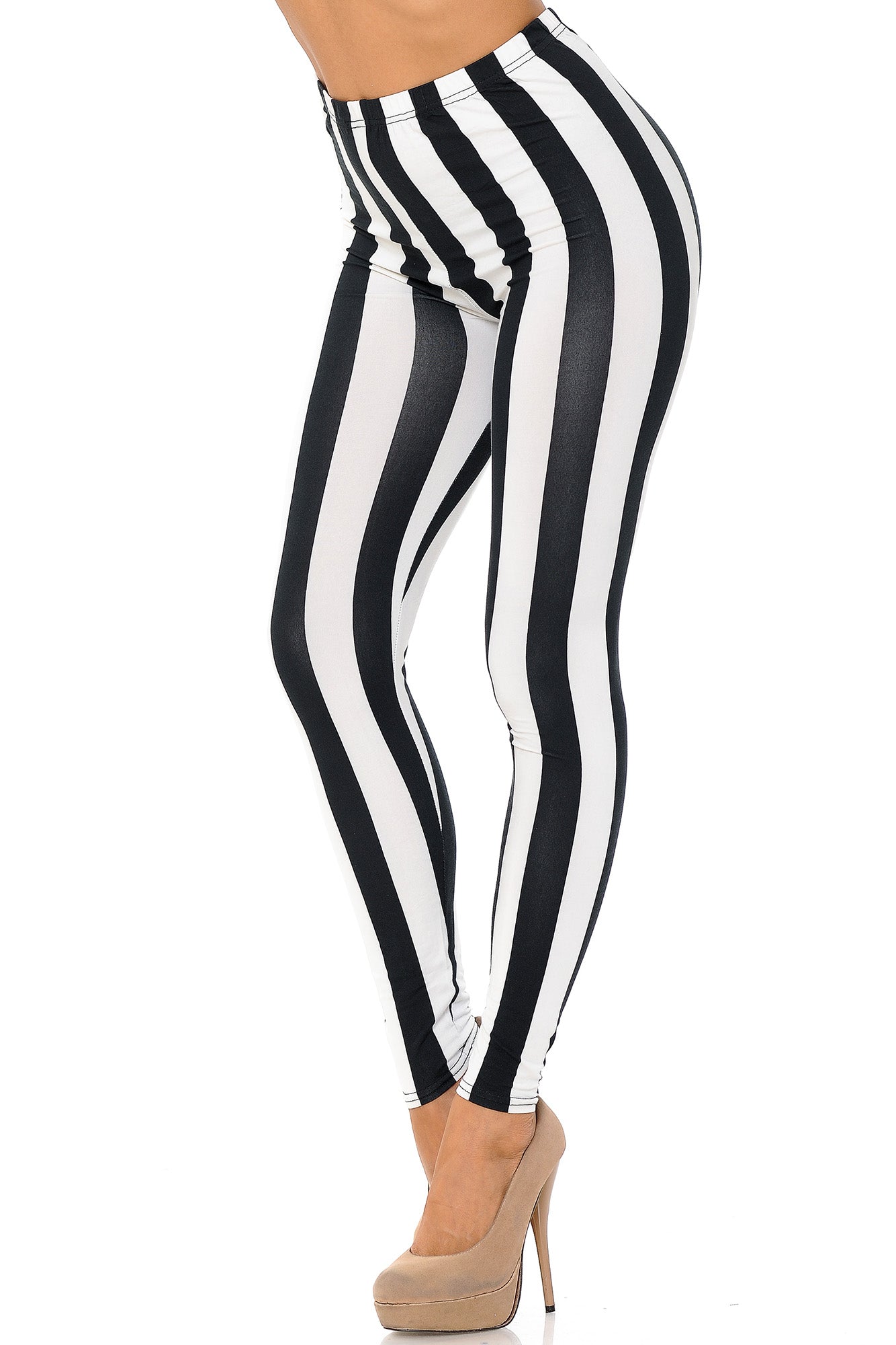 Buttery Soft Black and White Wide Stripe Leggings (One Size Regular,Black)