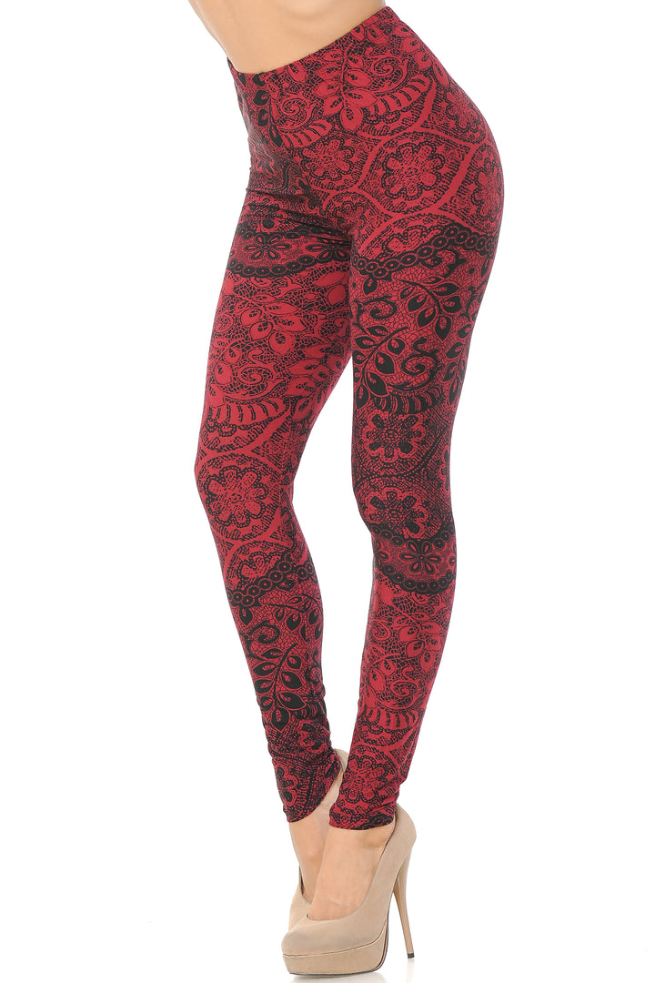 Buttery Soft Rouge Leaf Leggings (One Size Regular,Red)