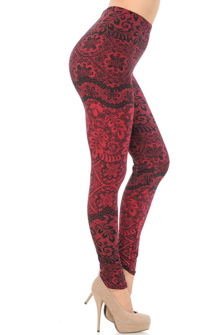 Buttery Soft Rouge Leaf Leggings (One Size Regular,Red)