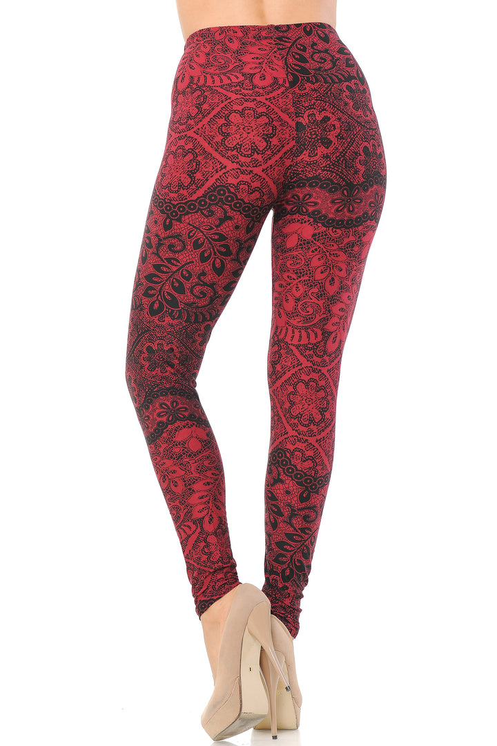 Buttery Soft Rouge Leaf Leggings (One Size Regular,Red)