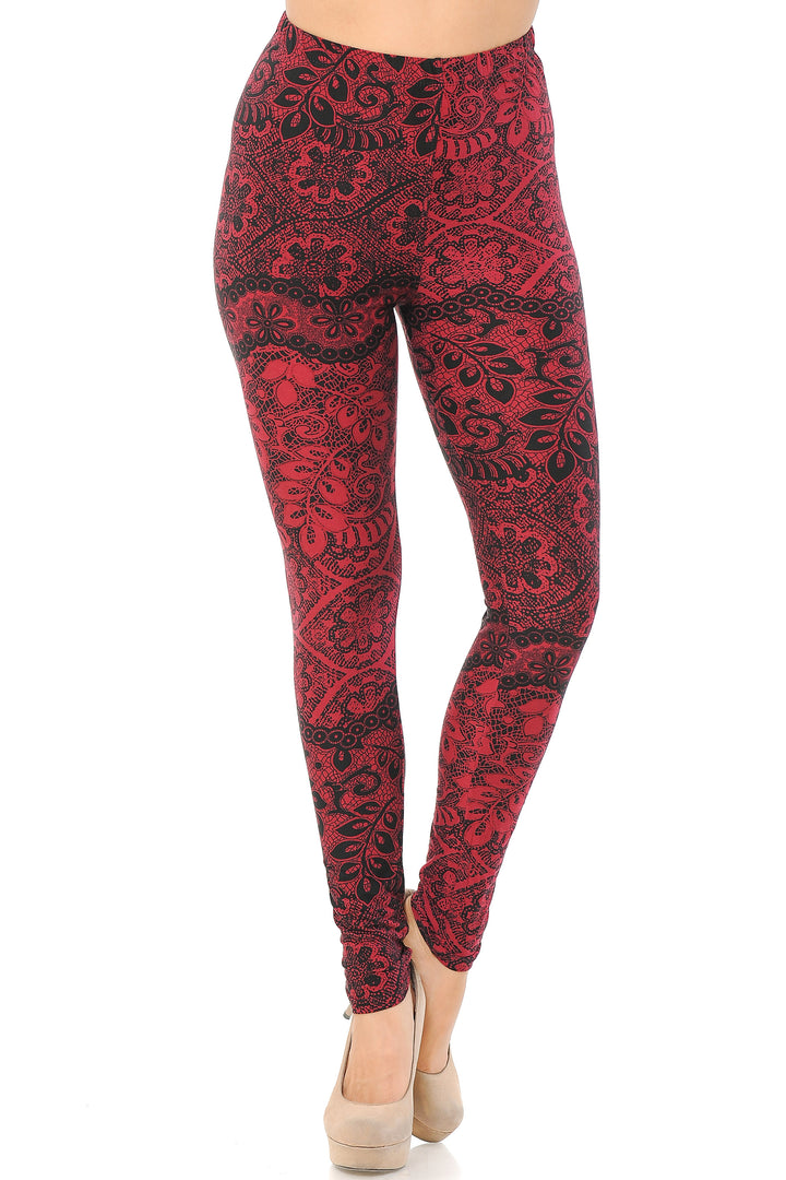 Buttery Soft Rouge Leaf Leggings (One Size Regular,Red)
