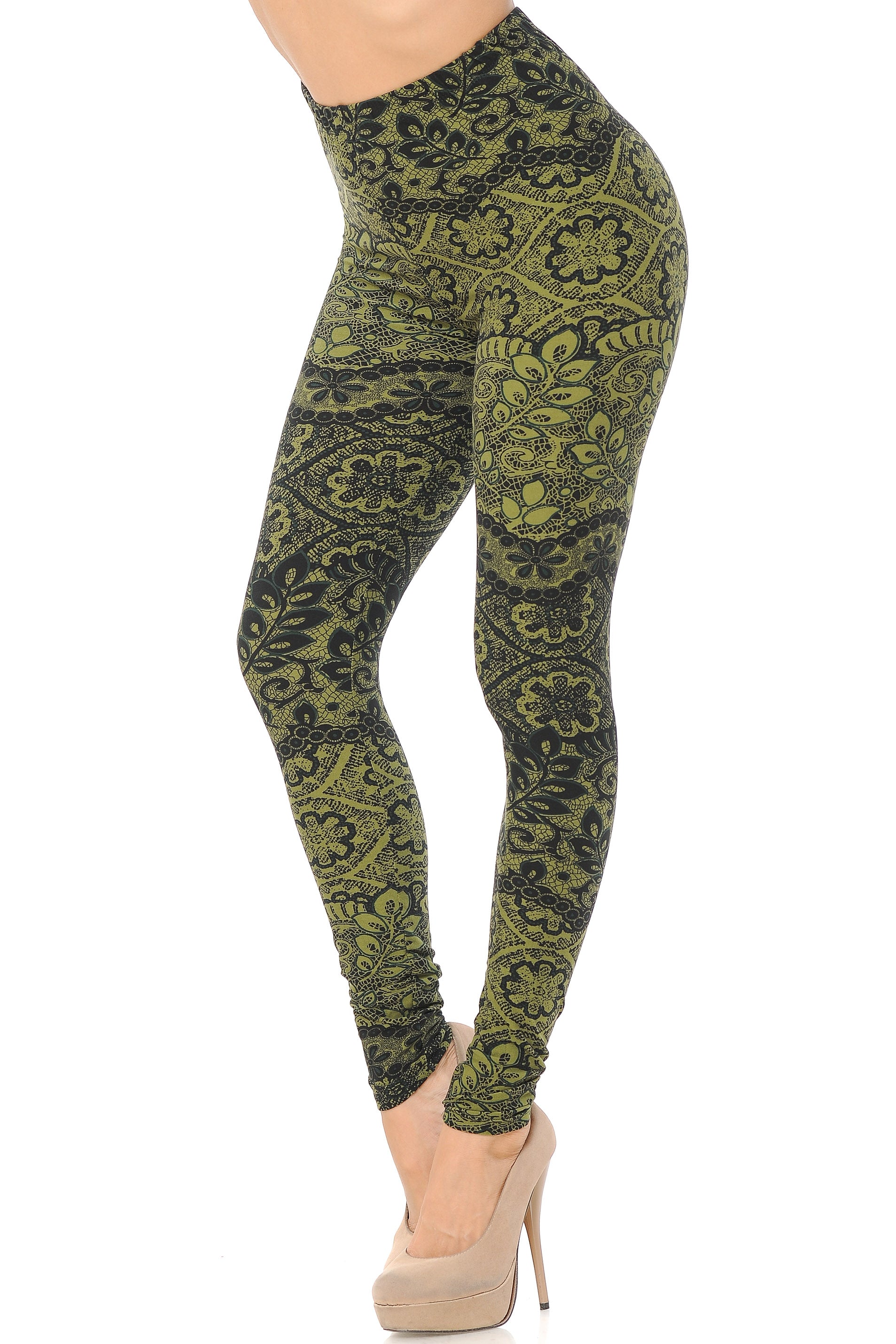 Buttery Soft Olive Leaf Leggings (One Size Regular,Olive)