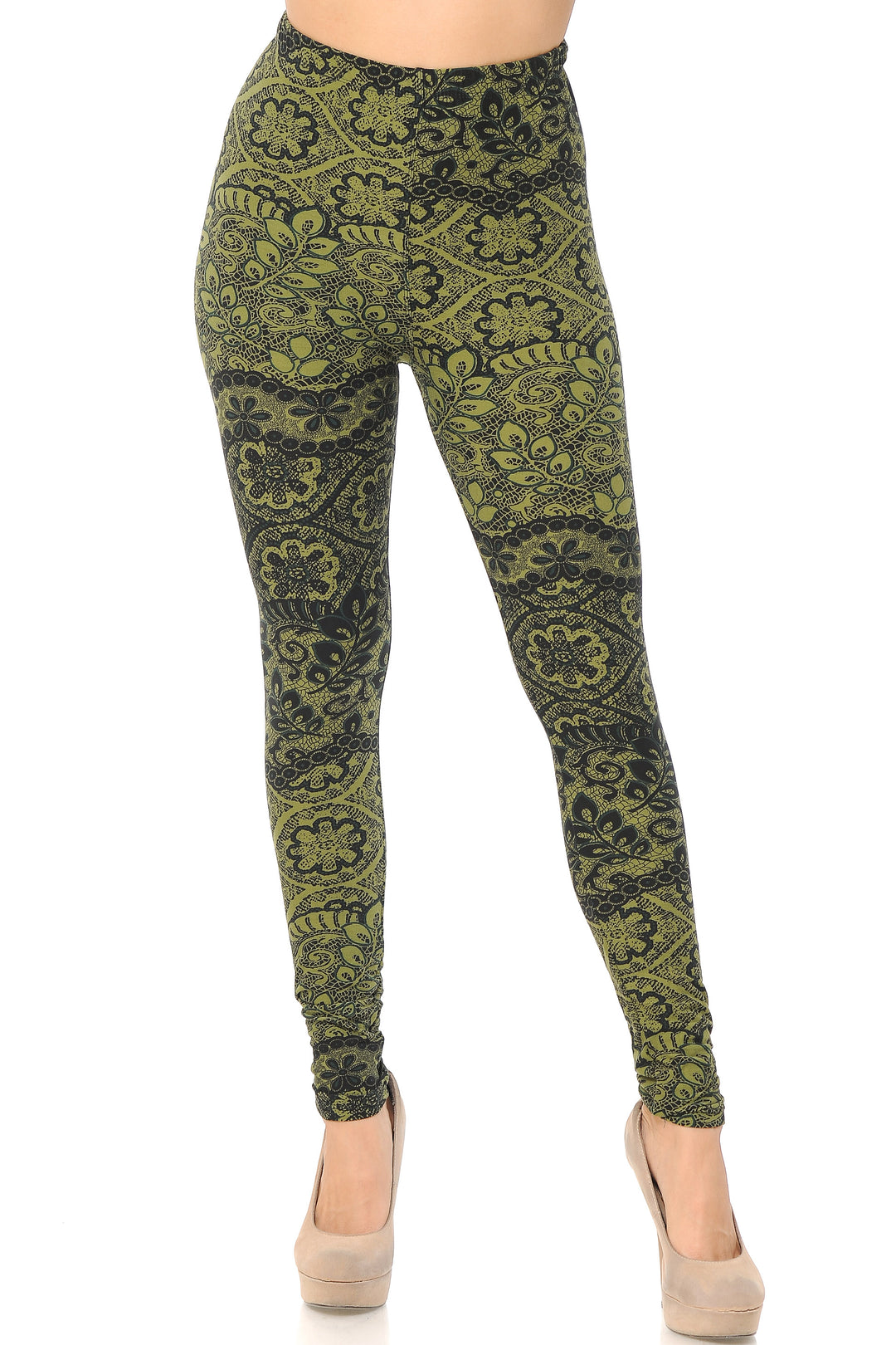 Buttery Soft Olive Leaf Leggings (One Size Regular,Olive)