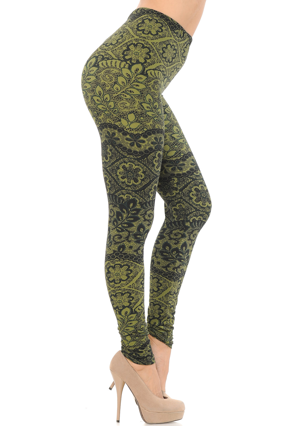Buttery Soft Olive Leaf Leggings (One Size Regular,Olive)