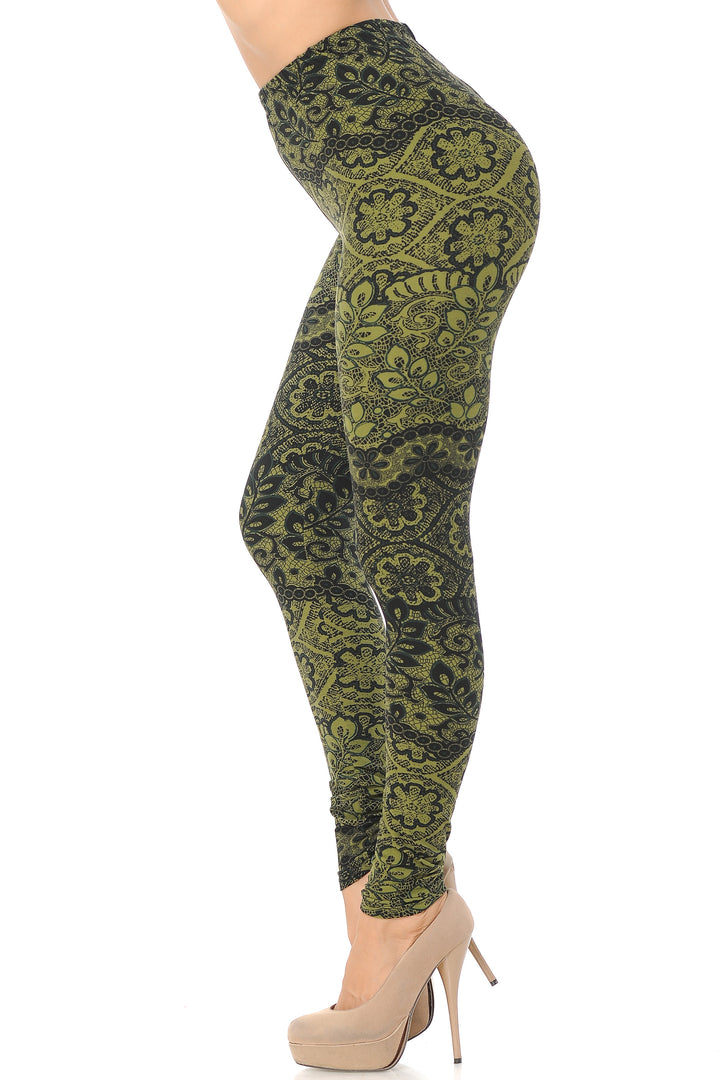 Buttery Soft Olive Leaf Leggings (One Size Regular,Olive)