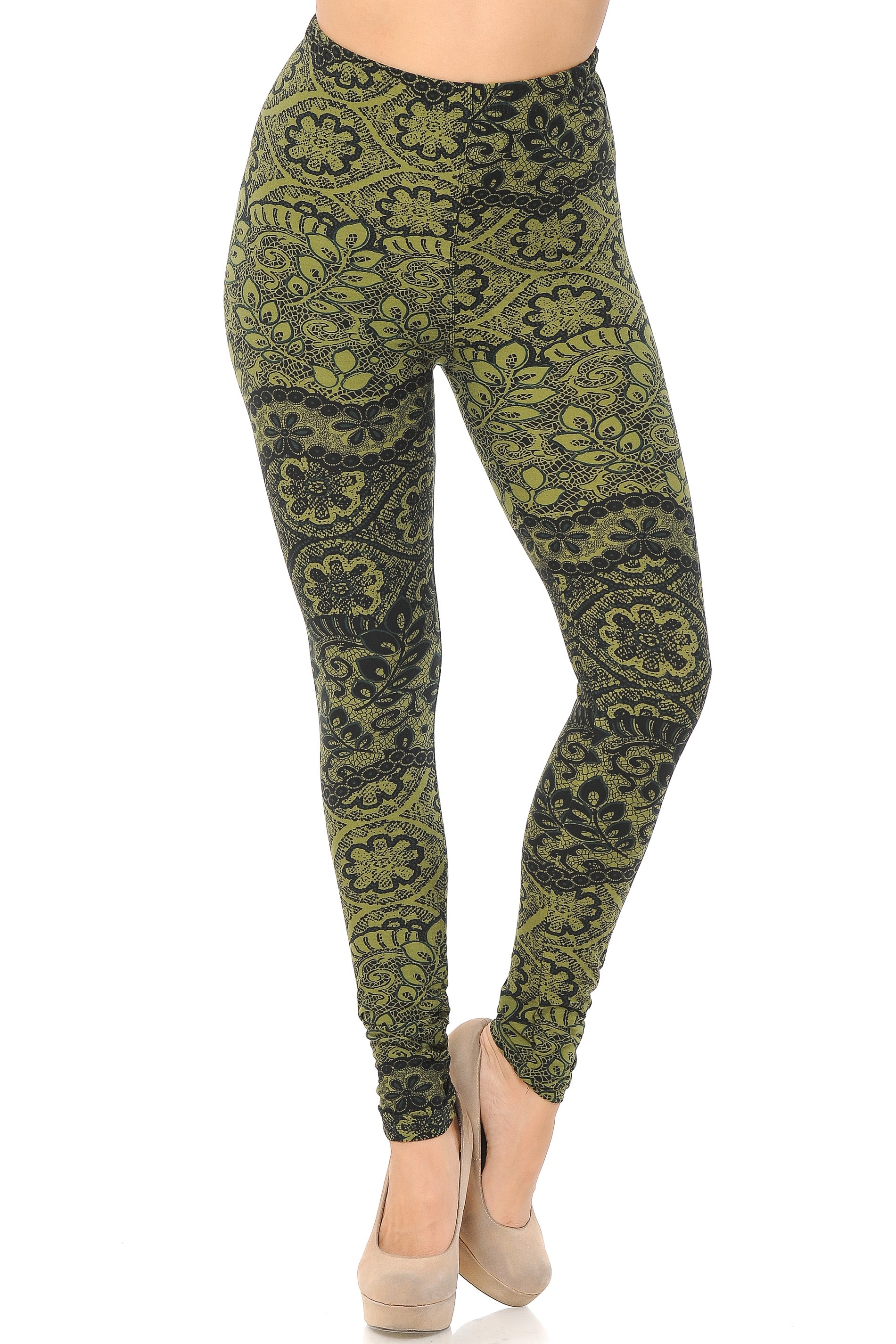 Buttery Soft Olive Leaf Leggings (One Size Regular,Olive)
