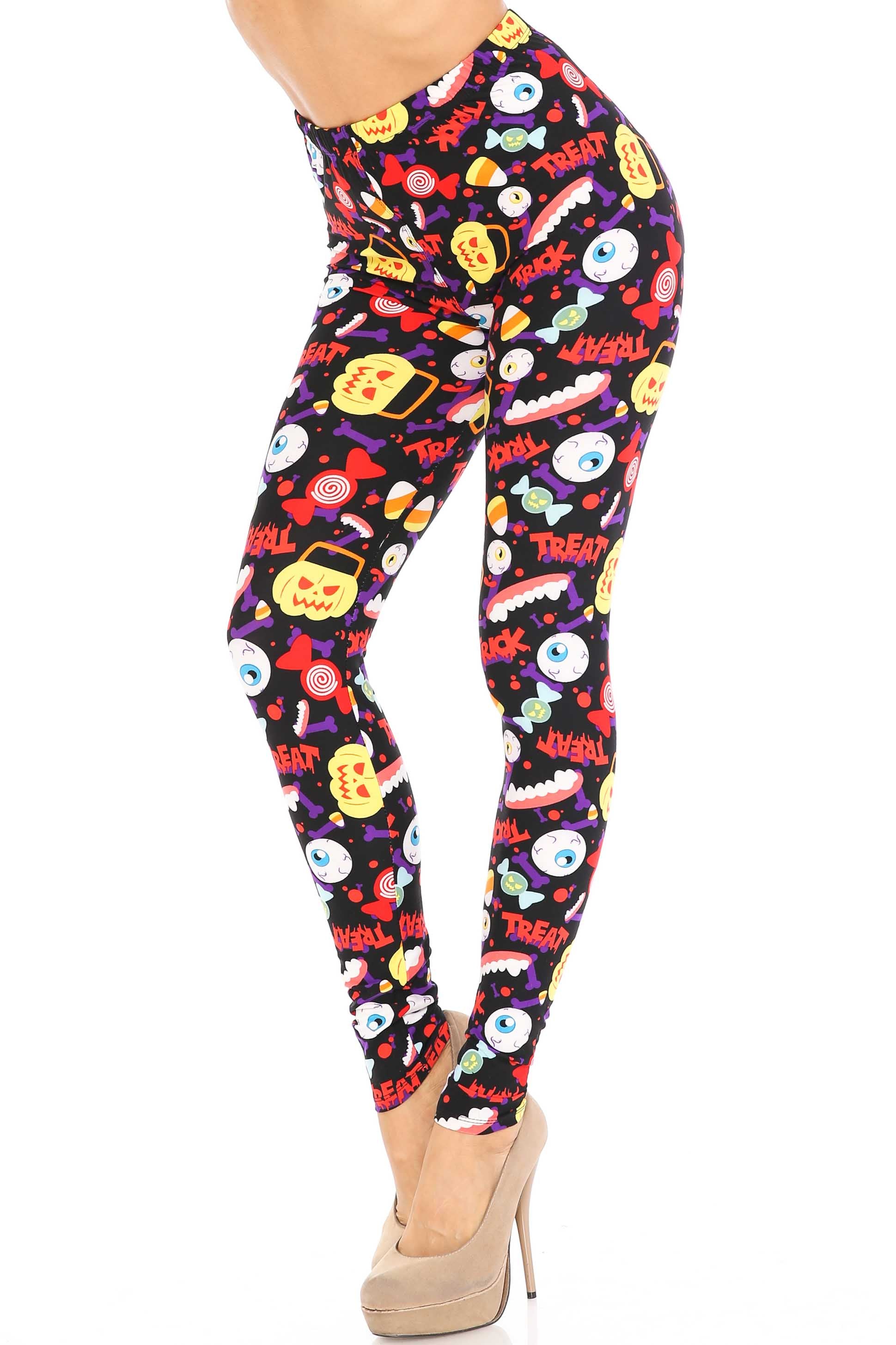 Buttery Soft Trick or Treat Leggings (One Size Regular,Multi Color Bold)