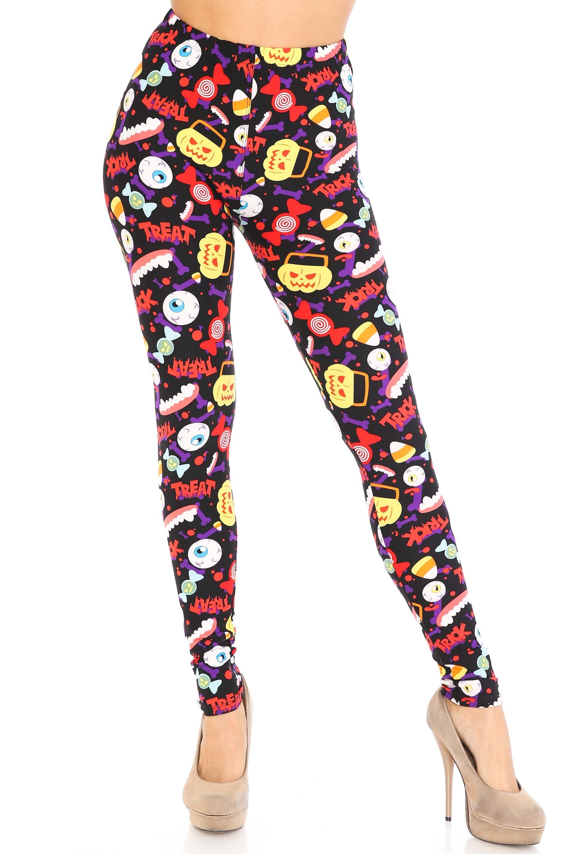 Buttery Soft Trick or Treat Leggings (One Size Regular,Multi Color Bold)