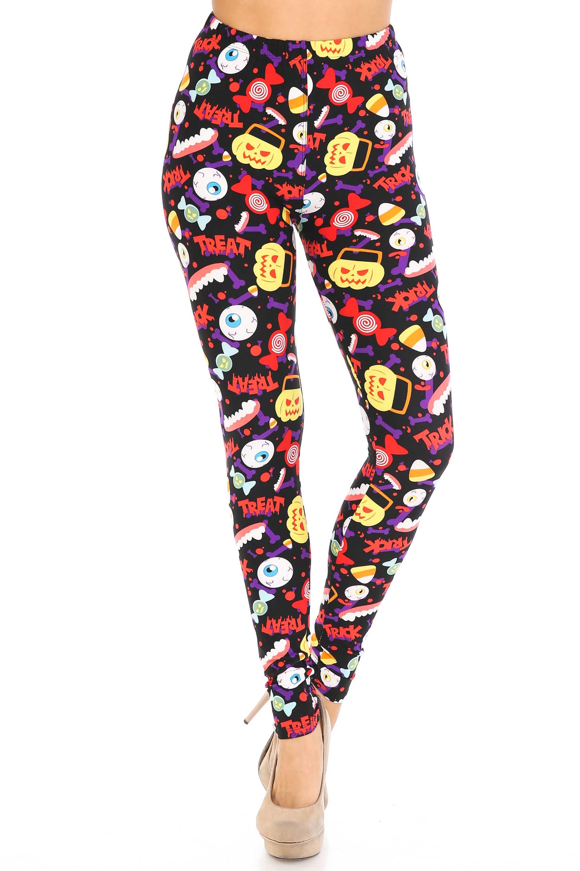 Buttery Soft Trick or Treat Leggings (One Size Regular,Multi Color Bold)