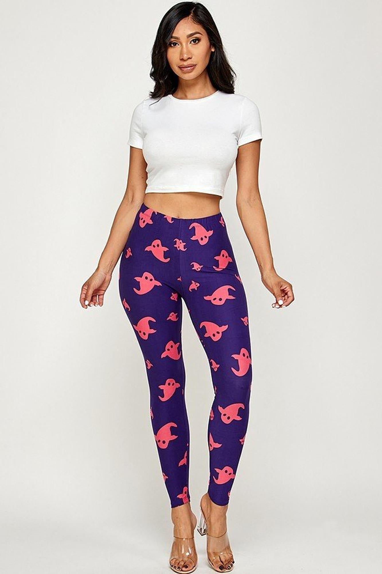 Buttery Soft Playful Ghosts Leggings (One Size Regular,Purple)