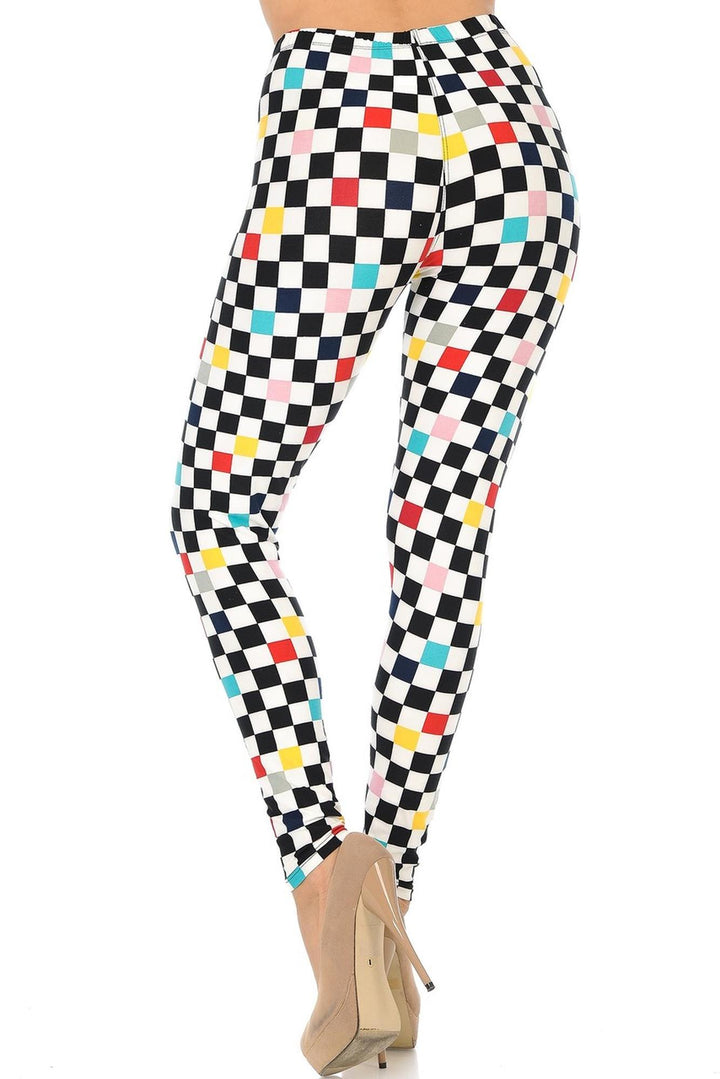 Buttery Soft Color Accent Checkered Leggings (One Size Regular,White)