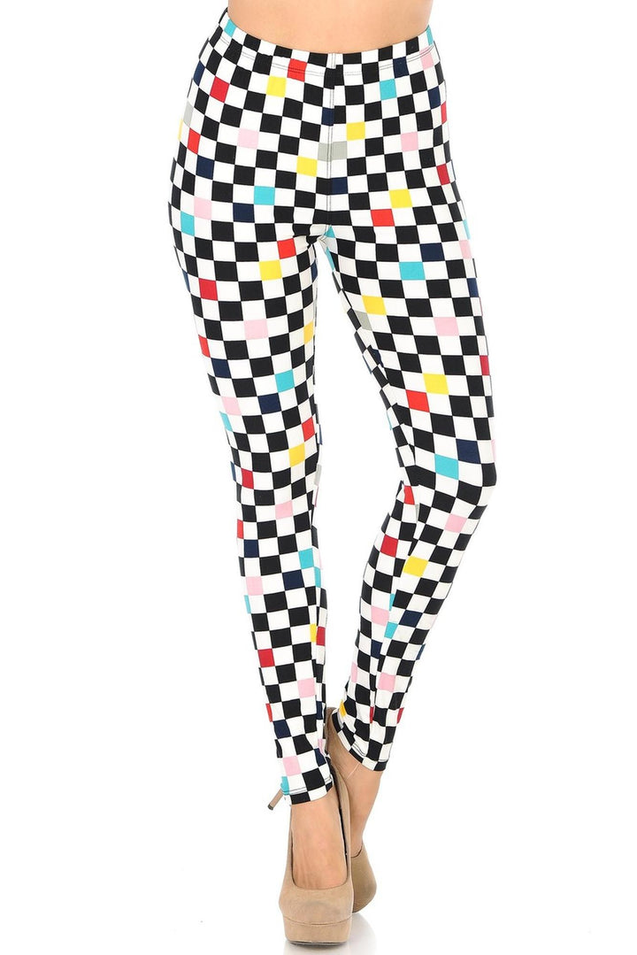 Buttery Soft Color Accent Checkered Leggings (One Size Regular,White)