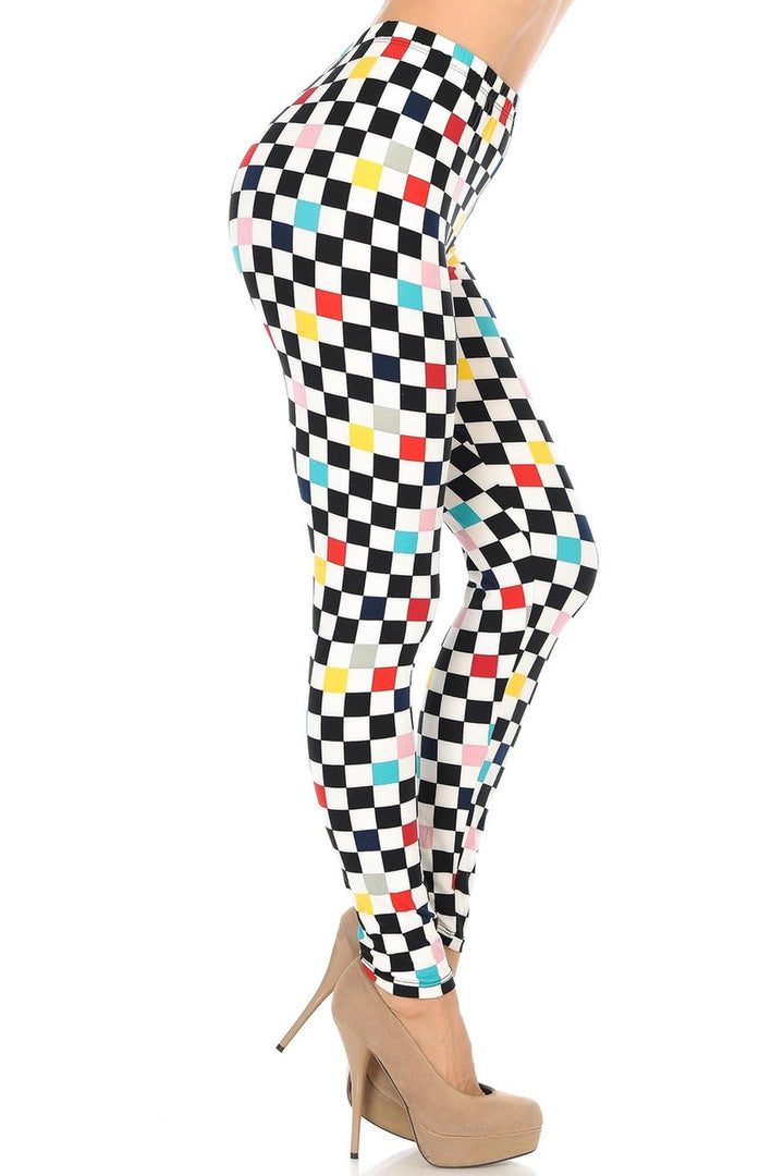 Buttery Soft Color Accent Checkered Leggings (One Size Regular,White)
