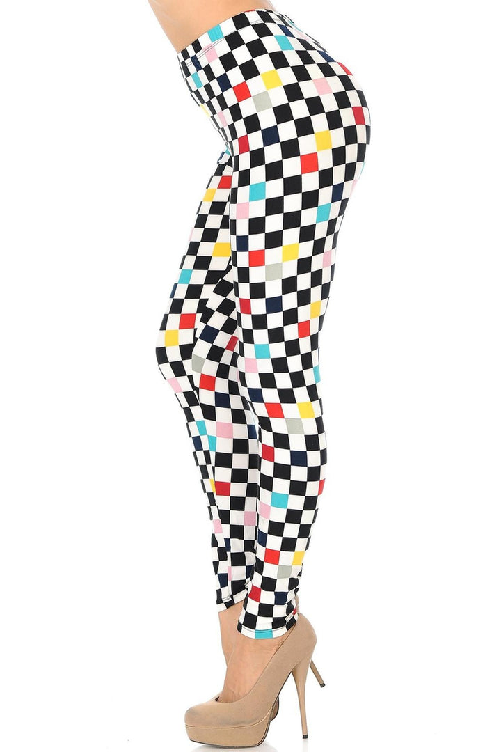 Buttery Soft Color Accent Checkered Leggings (One Size Regular,White)