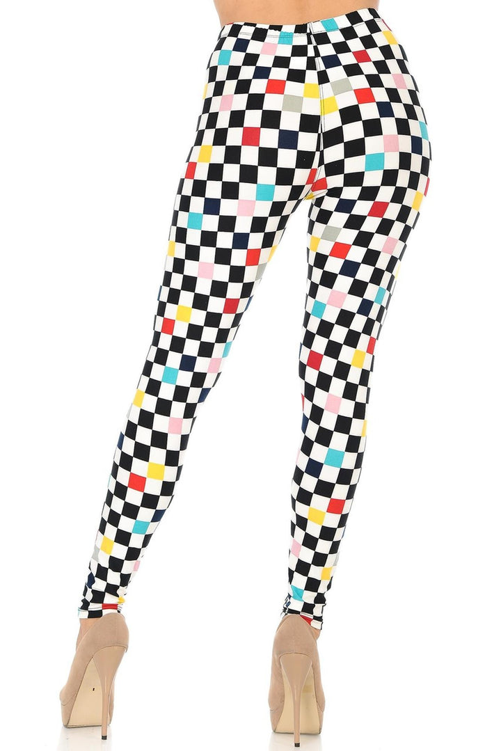 Buttery Soft Color Accent Checkered Leggings (One Size Regular,White)