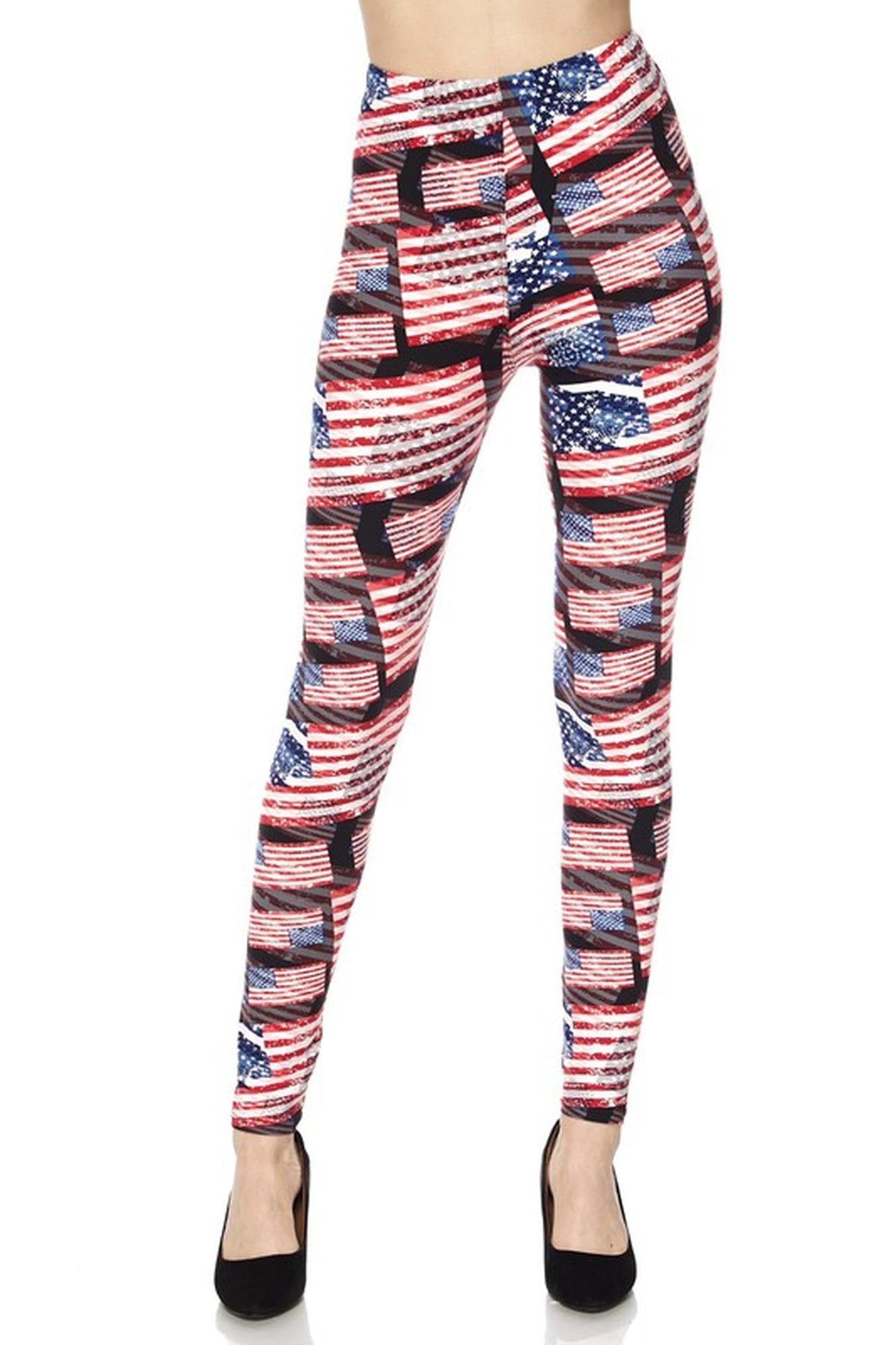 Buttery Soft 3D Hologram USA Flag Leggings (One Size Regular,Red)