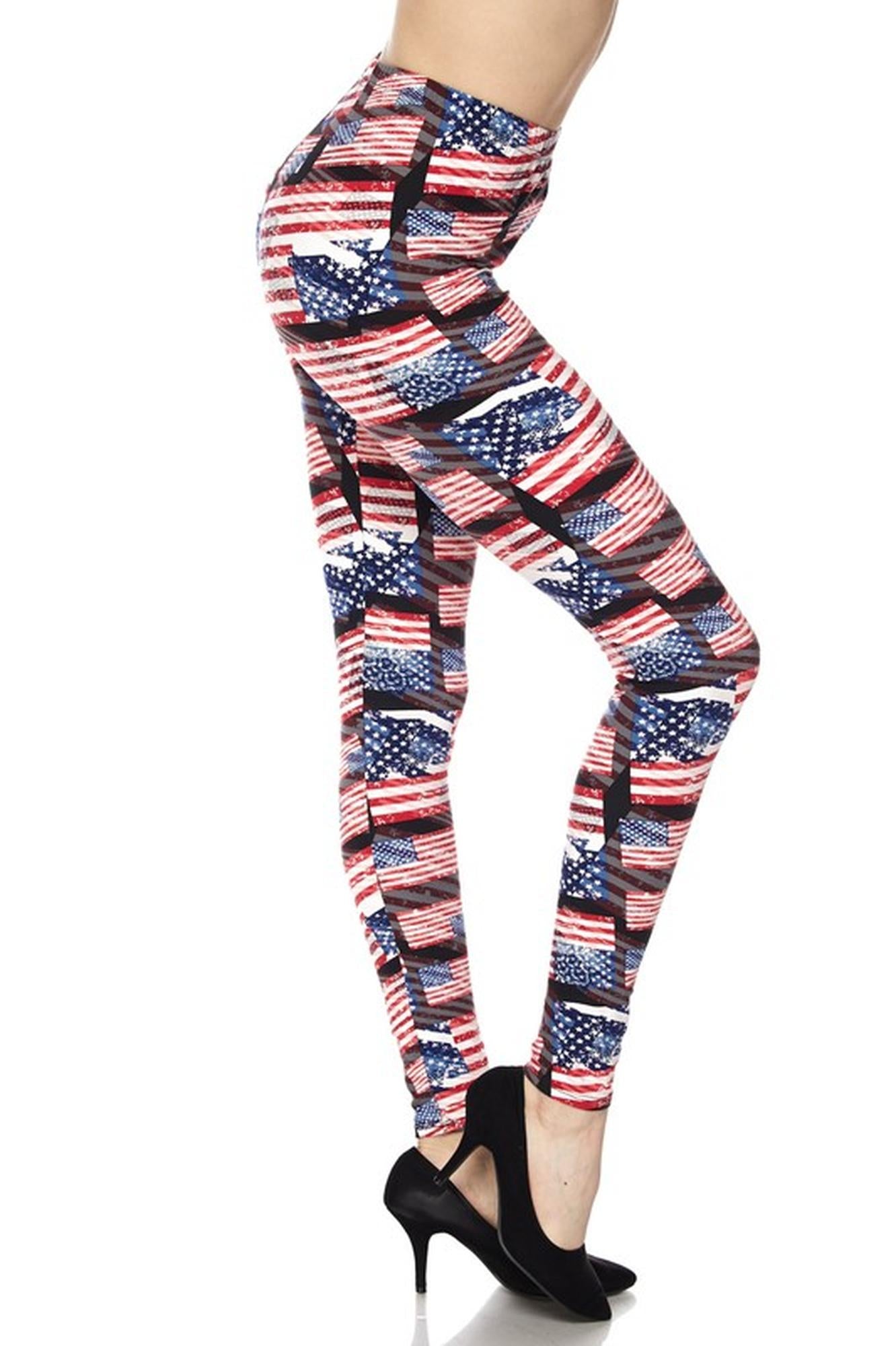 Buttery Soft 3D Hologram USA Flag Leggings (One Size Regular,Red)