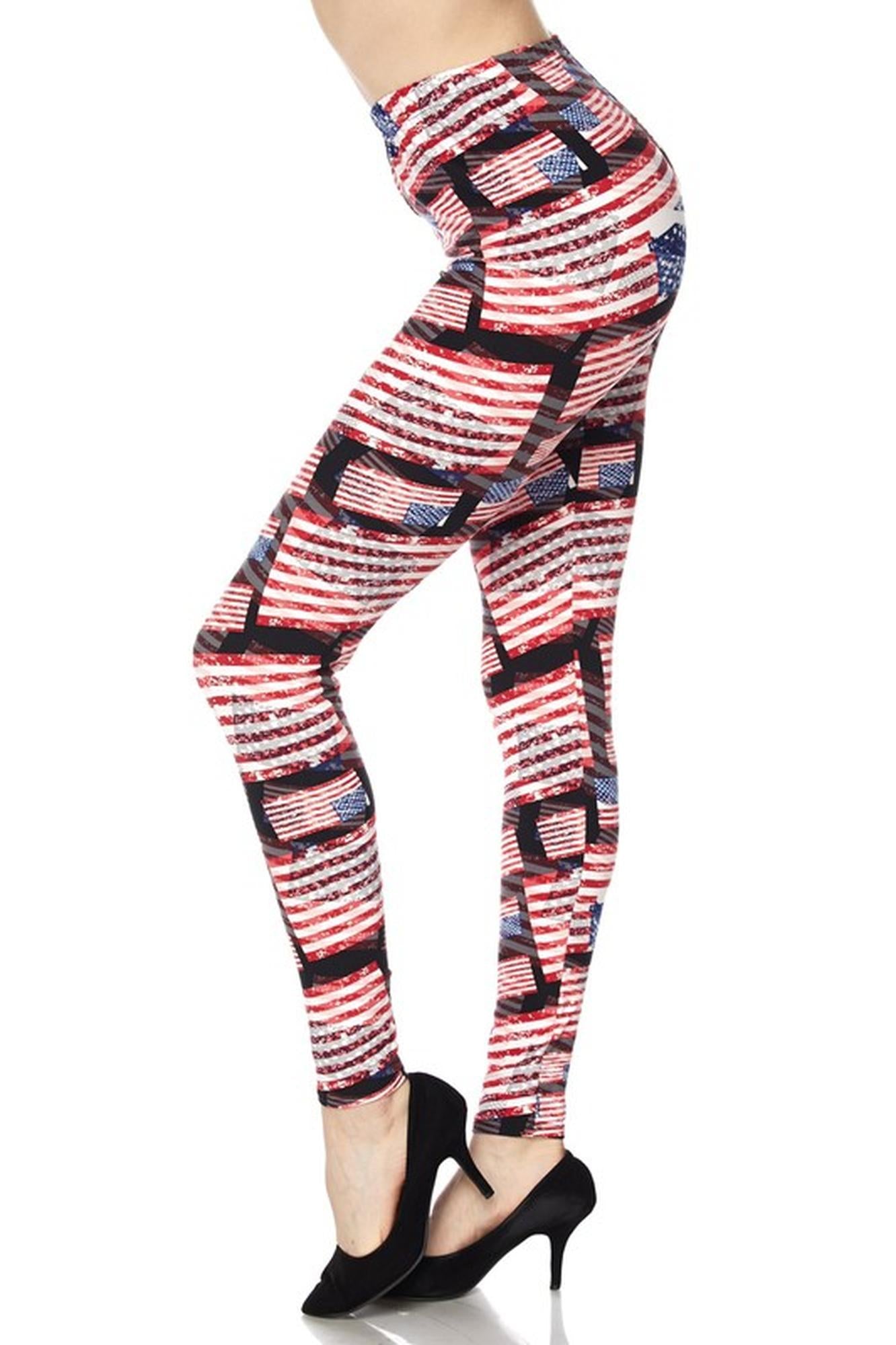 Buttery Soft 3D Hologram USA Flag Leggings (One Size Regular,Red)