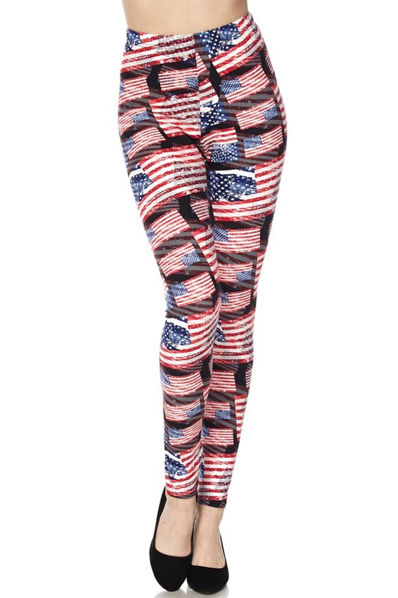 Buttery Soft 3D Hologram USA Flag Leggings (One Size Regular,Red)