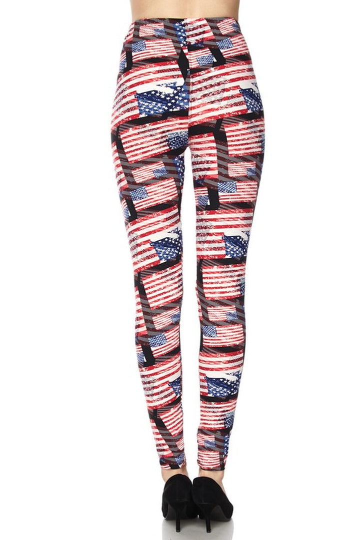 Buttery Soft 3D Hologram USA Flag Leggings (One Size Regular,Red)