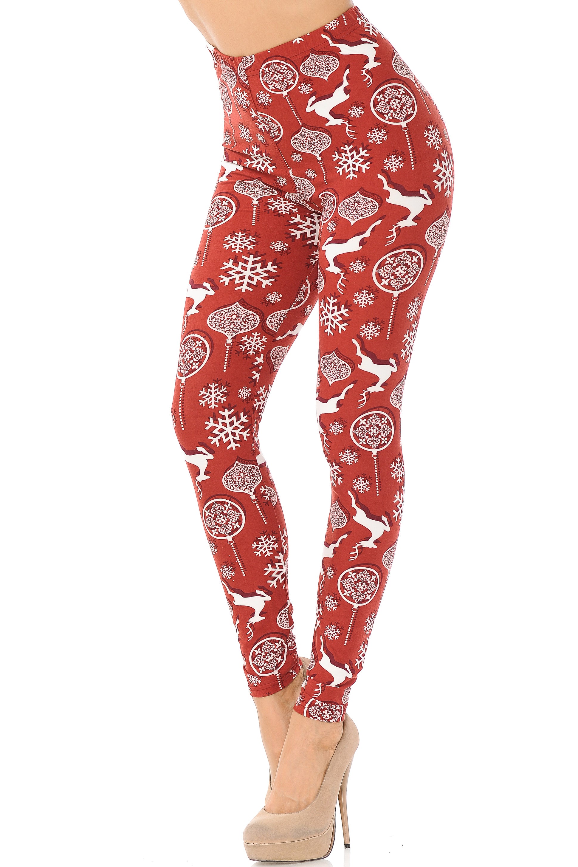 Buttery Soft Jumping Reindeer Leggings (One Size Regular,Burgundy)