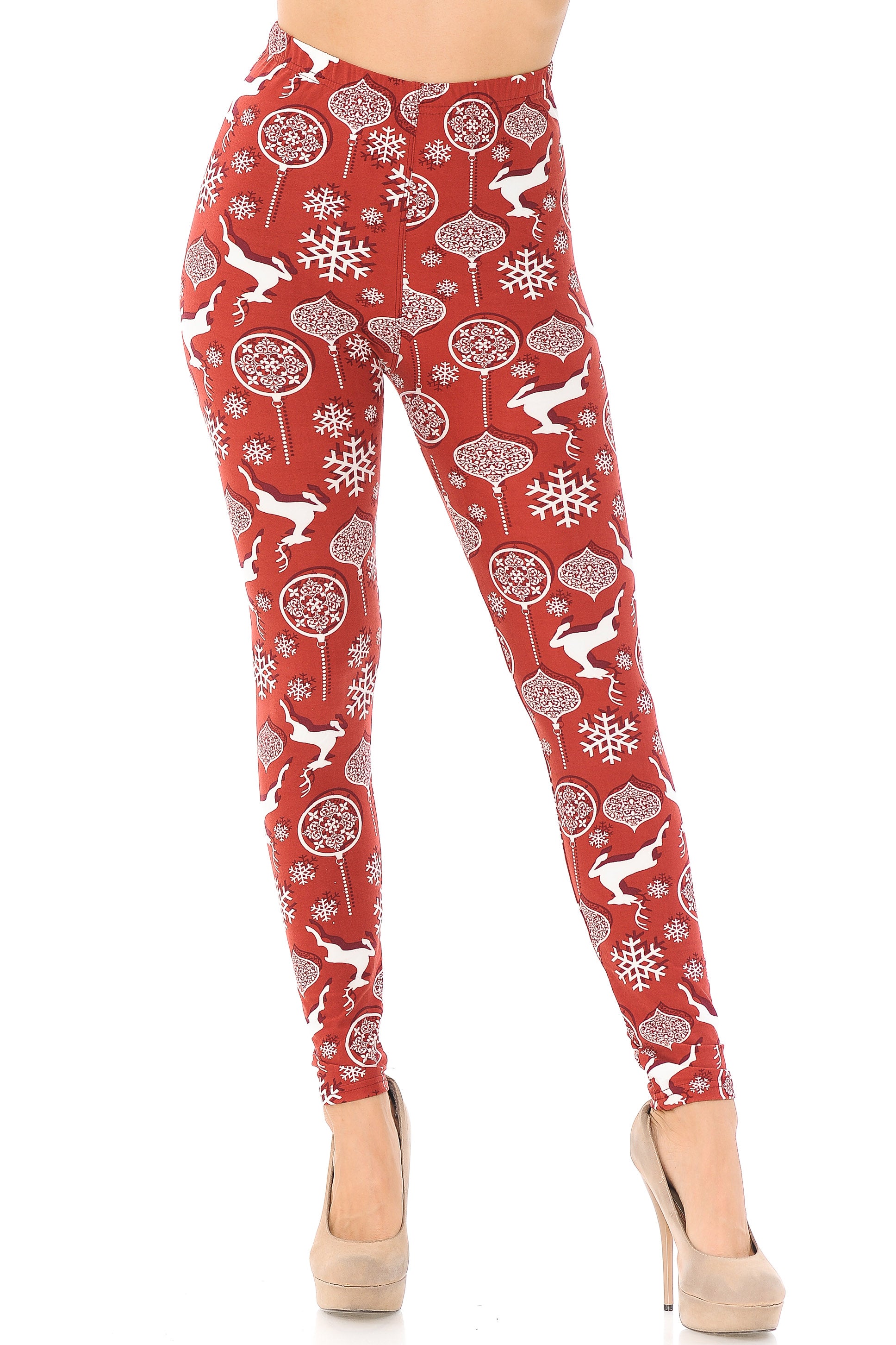 Buttery Soft Jumping Reindeer Leggings (One Size Regular,Burgundy)