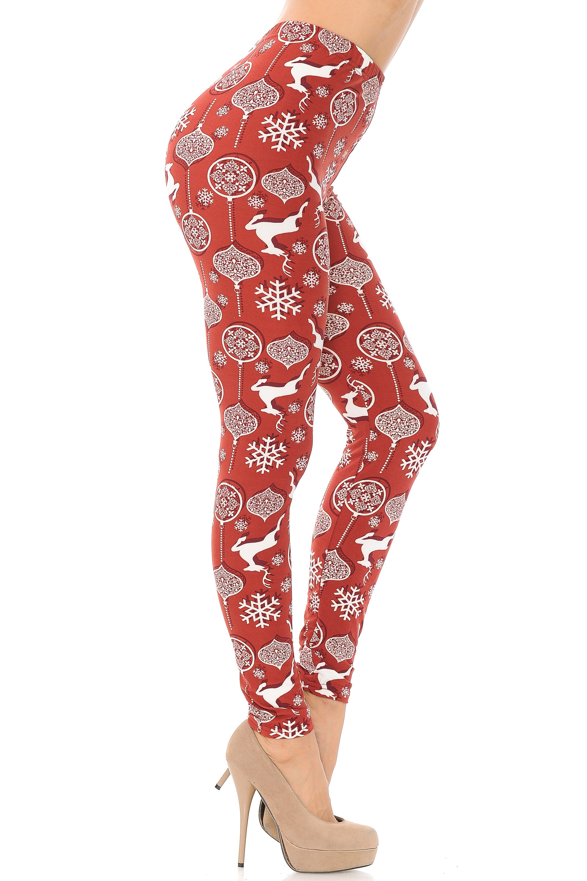 Buttery Soft Jumping Reindeer Leggings (One Size Regular,Burgundy)