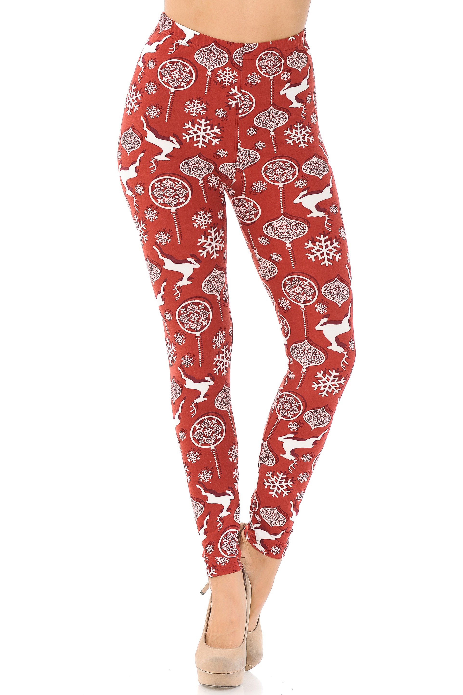 Buttery Soft Jumping Reindeer Leggings (One Size Regular,Burgundy)