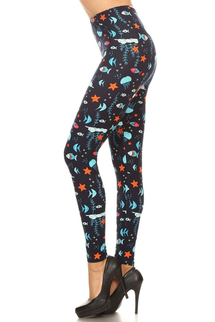 Buttery Soft Oceans Alive Leggings (One Size Regular,Navy)