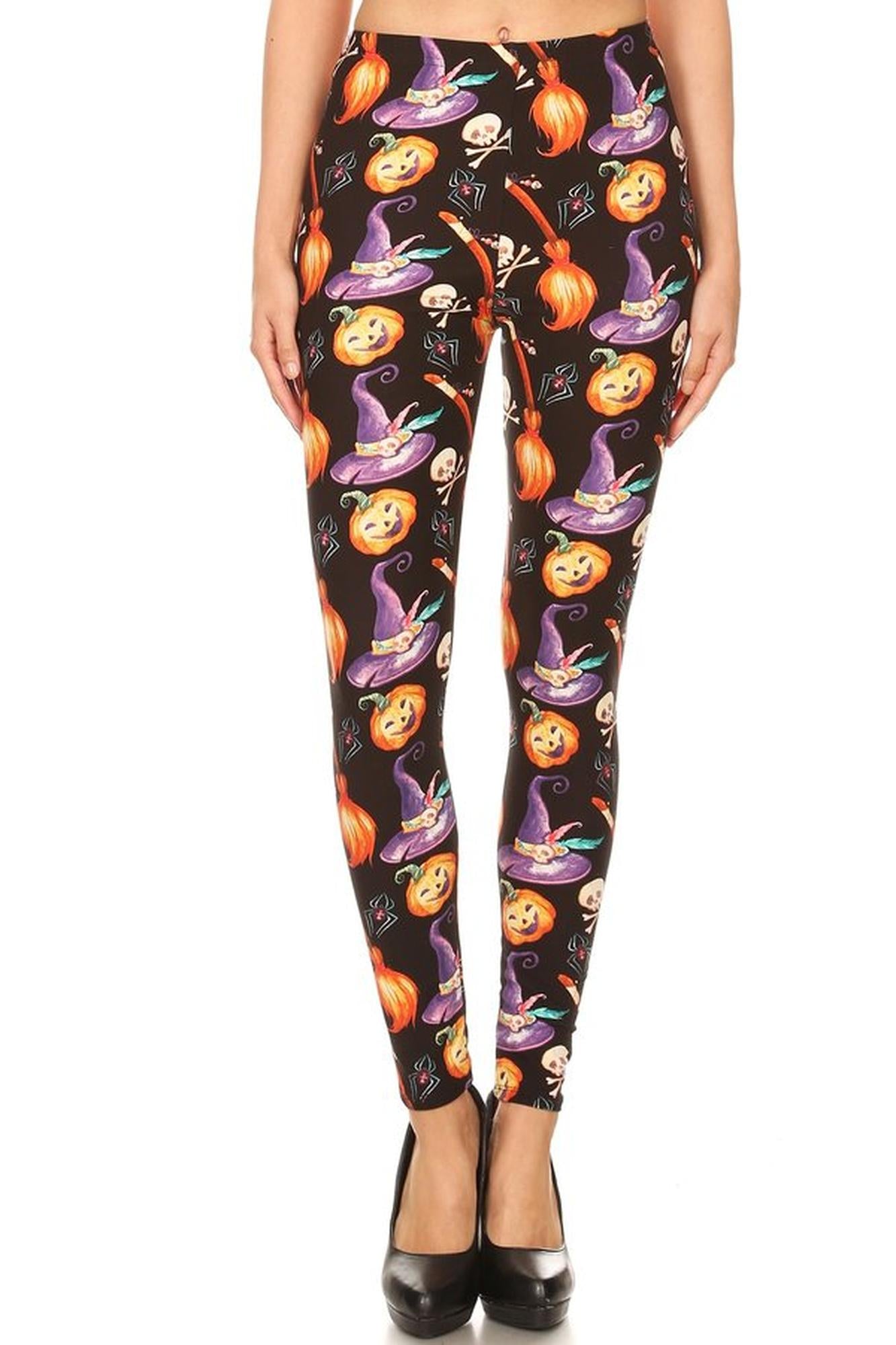 Buttery Soft Pumpkins Witch's Watercolor Halloween Leggings (One Size Regular,Multi Color Bold)