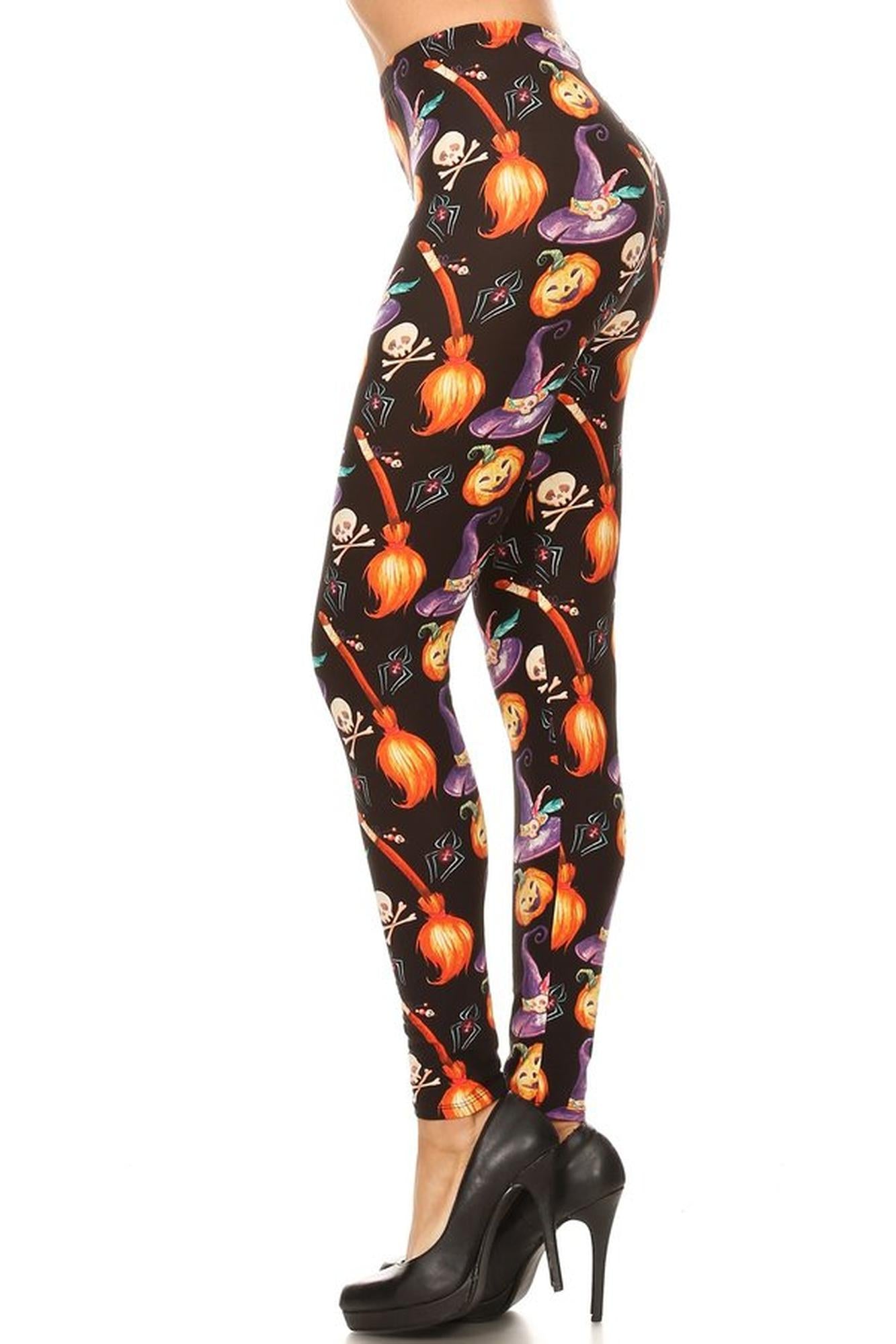 Buttery Soft Pumpkins Witch's Watercolor Halloween Leggings (One Size Regular,Multi Color Bold)