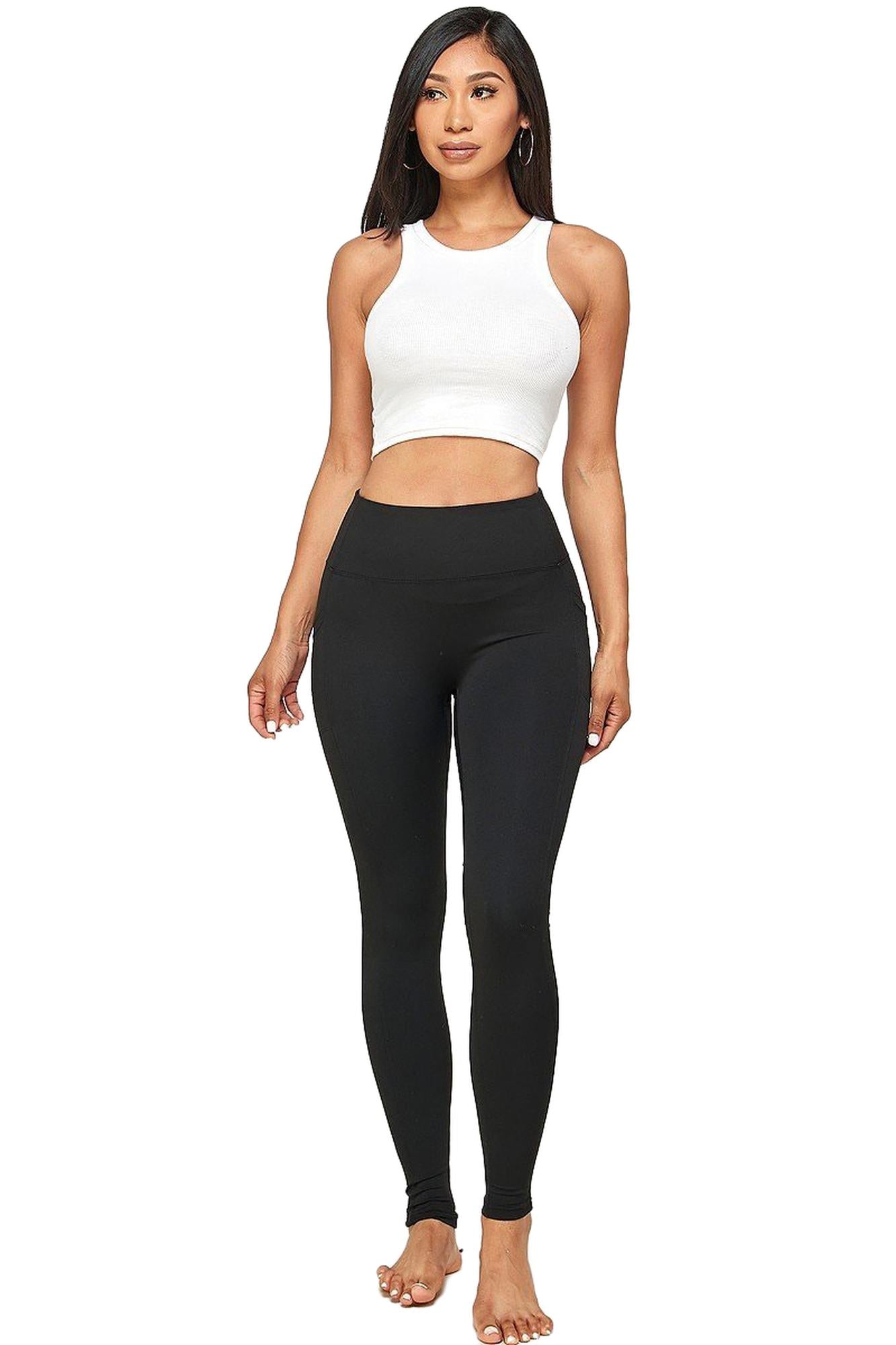 Solid High Waisted Black Workout Leggings with Side Pockets