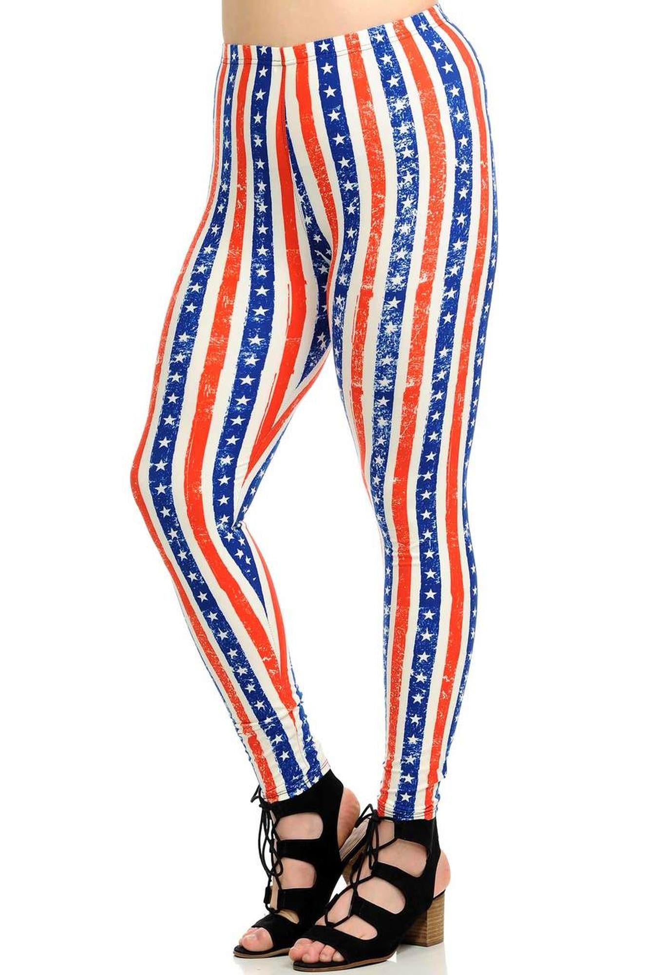 Buttery Soft Plus Size Vertical Stars and Stripes Leggings (One Size Plus,Multi Color Bold)