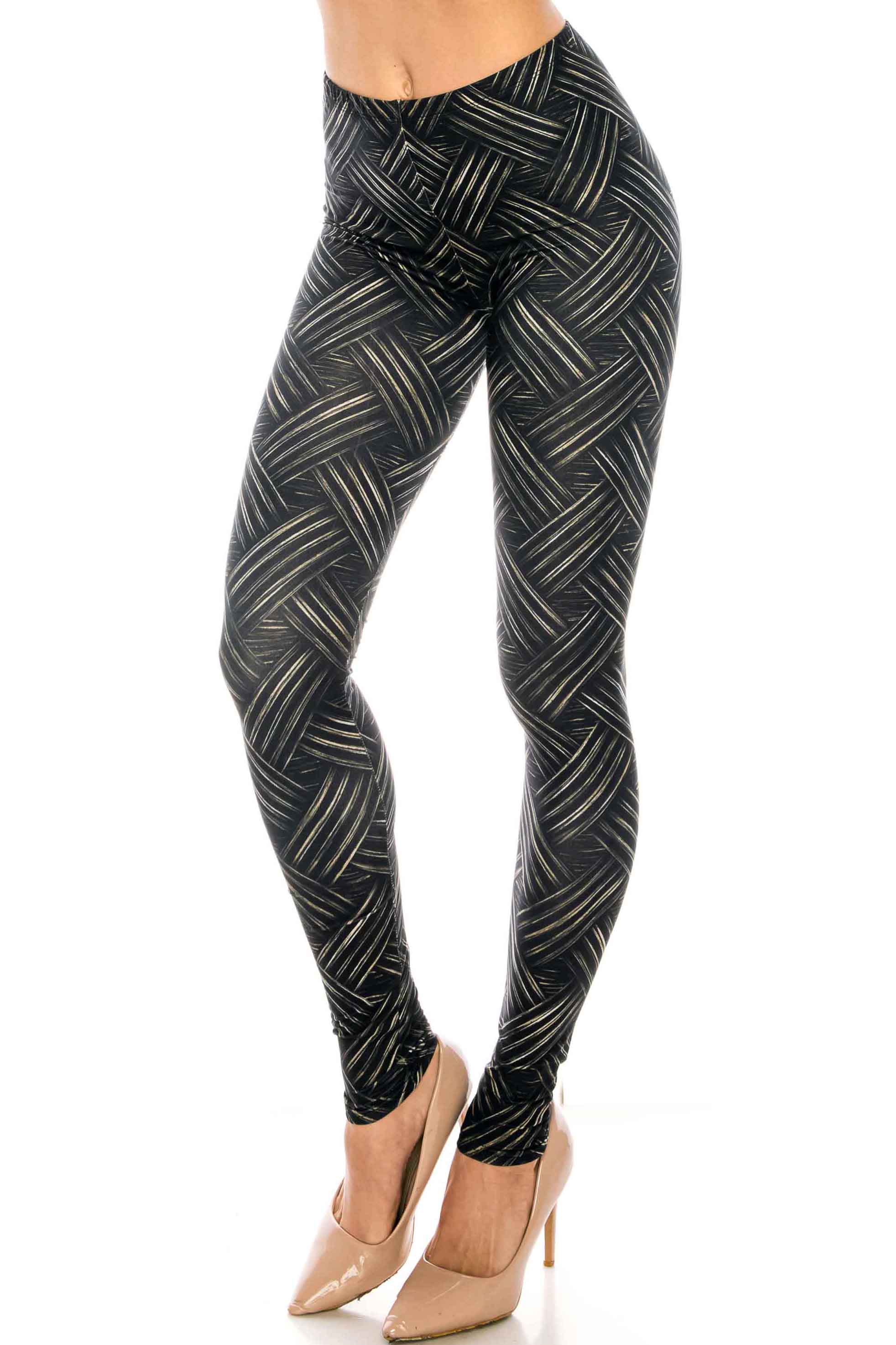 Creamy Soft Premium Women's Leggings Bronzed Banded Crisscross Regular Size, High Rise, Stretchy & Breathable, Comfortable Fit - by USA Fashion