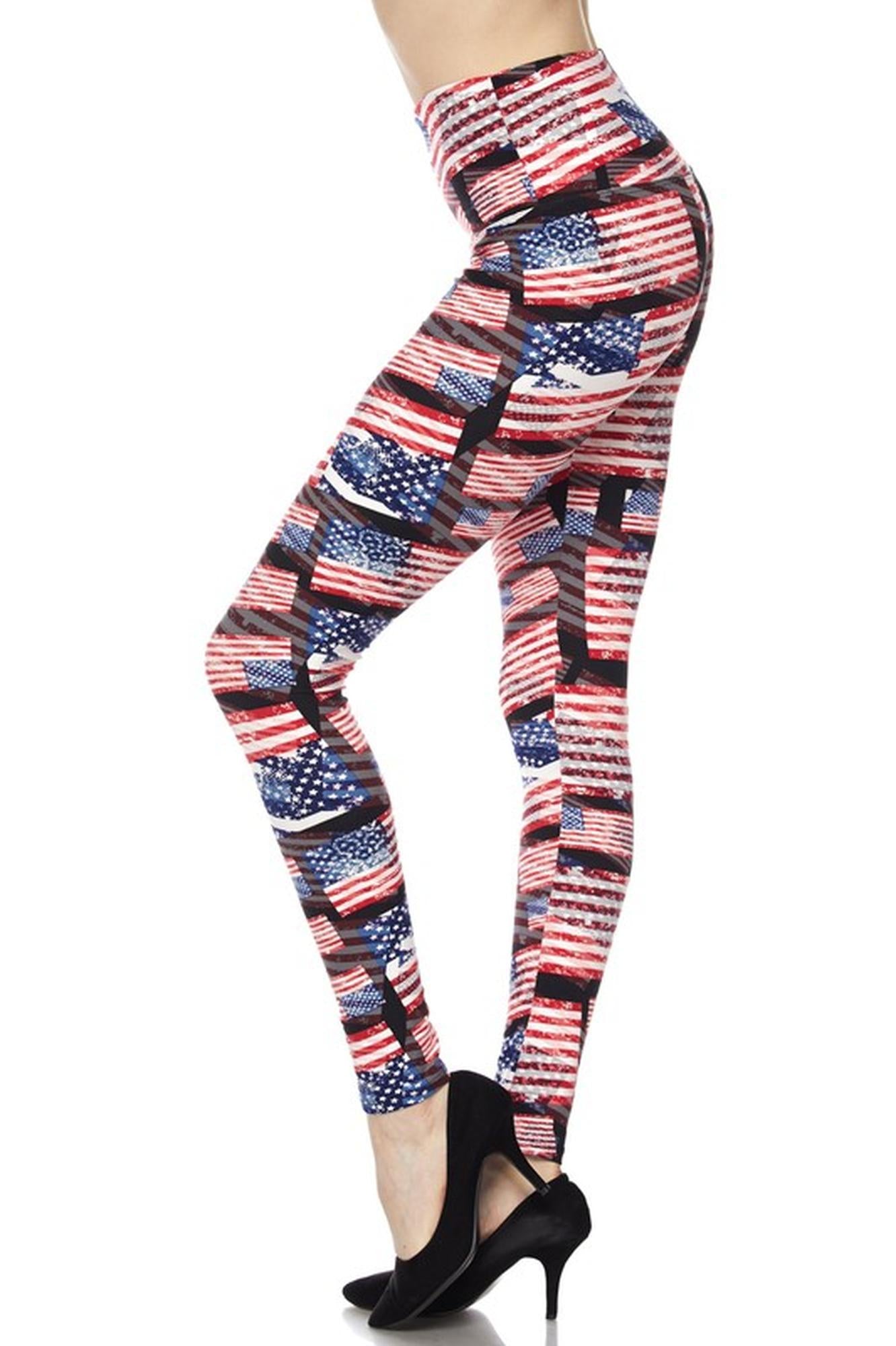 Buttery Soft High Waisted 3D Hologram USA Flag Leggings (One Size Regular,Red)