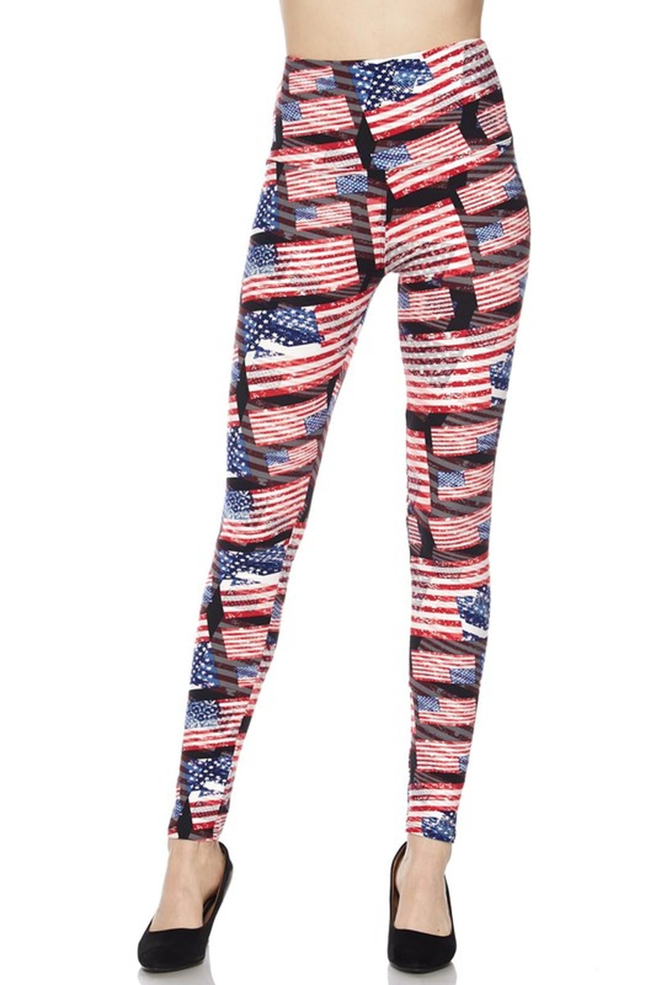 Buttery Soft High Waisted 3D Hologram USA Flag Leggings (One Size Regular,Red)