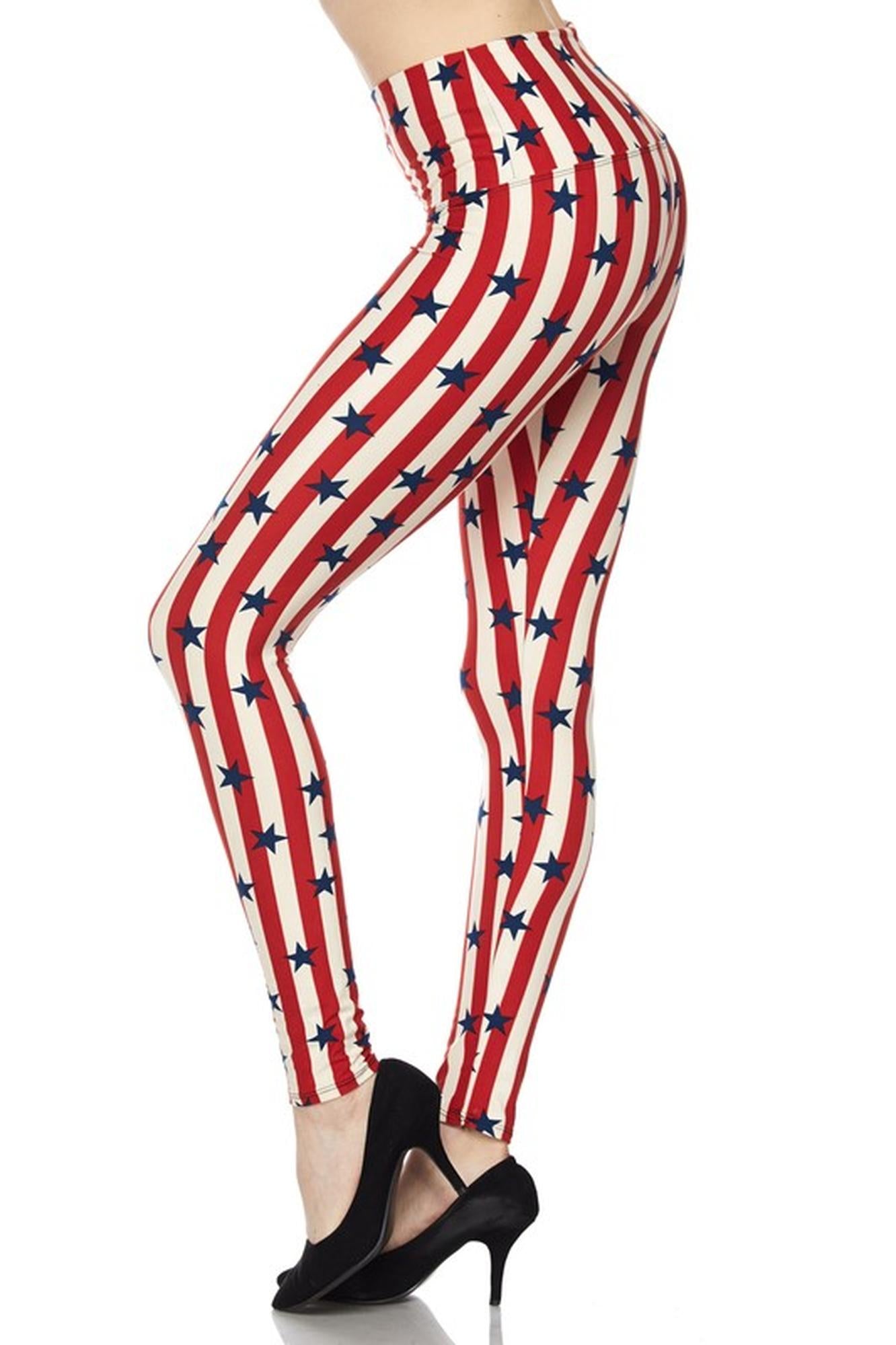 Buttery Soft High Waist Vertical Stripes USA Flag Leggings (One Size Regular,Red)