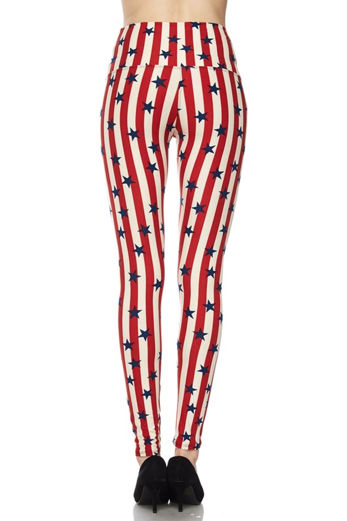 Buttery Soft High Waist Vertical Stripes USA Flag Leggings (One Size Regular,Red)