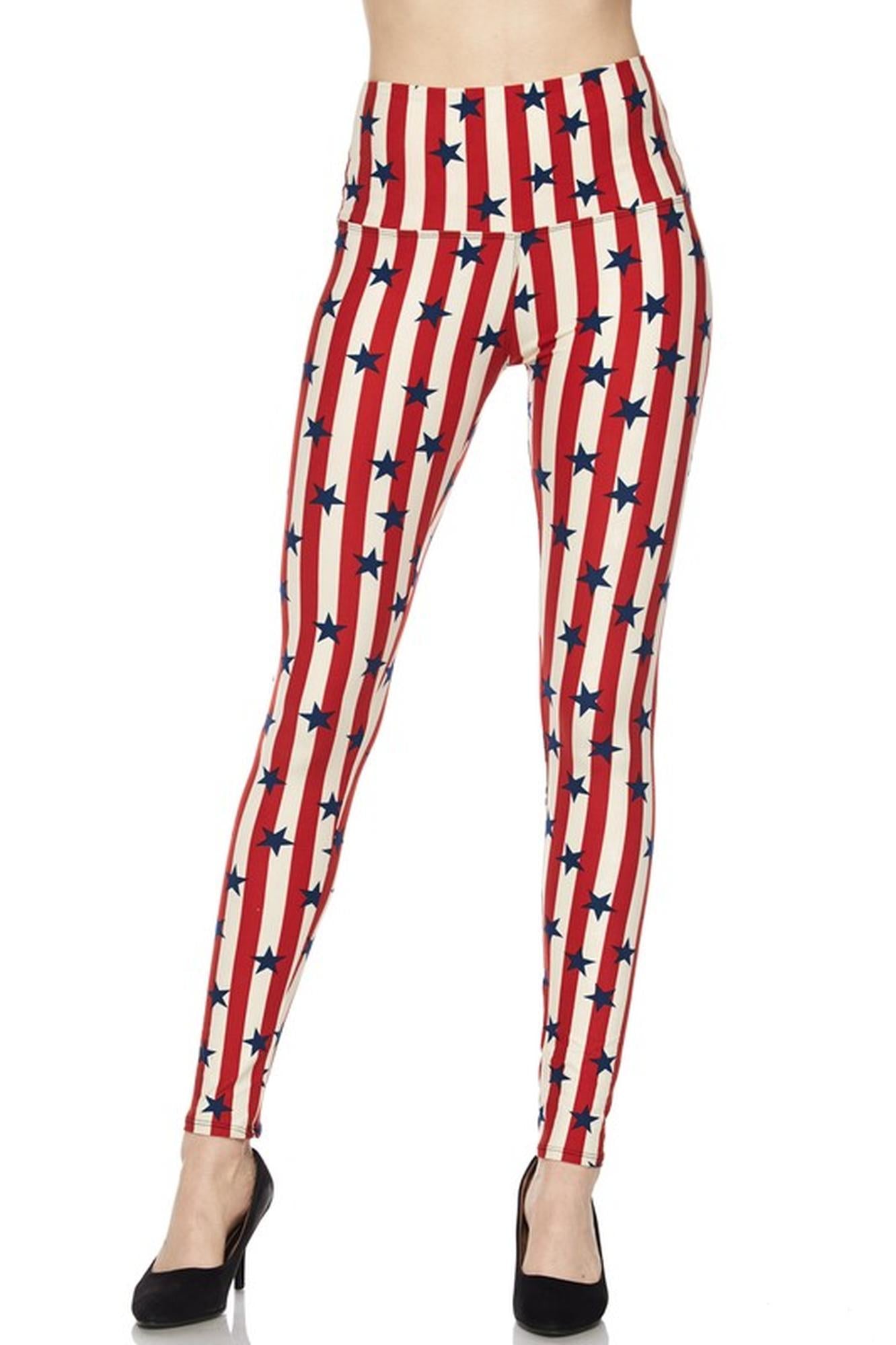 Buttery Soft High Waist Vertical Stripes USA Flag Leggings (One Size Regular,Red)