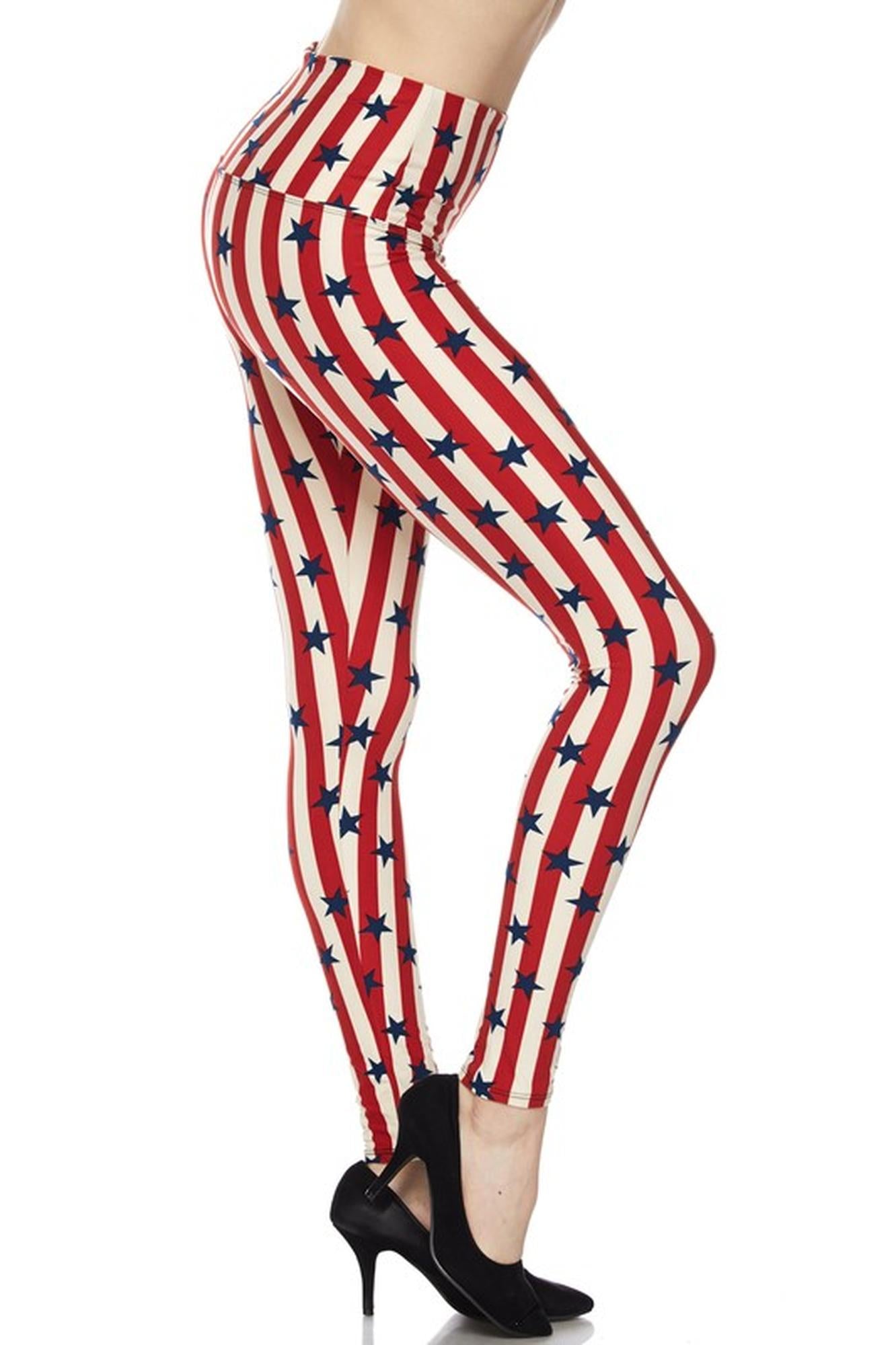 Buttery Soft High Waist Vertical Stripes USA Flag Leggings (One Size Regular,Red)