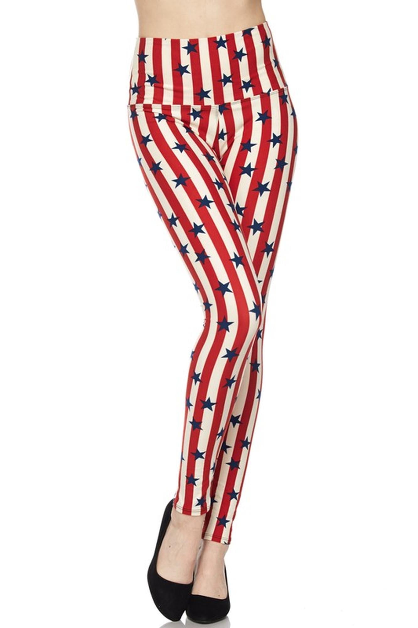 Buttery Soft High Waist Vertical Stripes USA Flag Leggings (One Size Regular,Red)