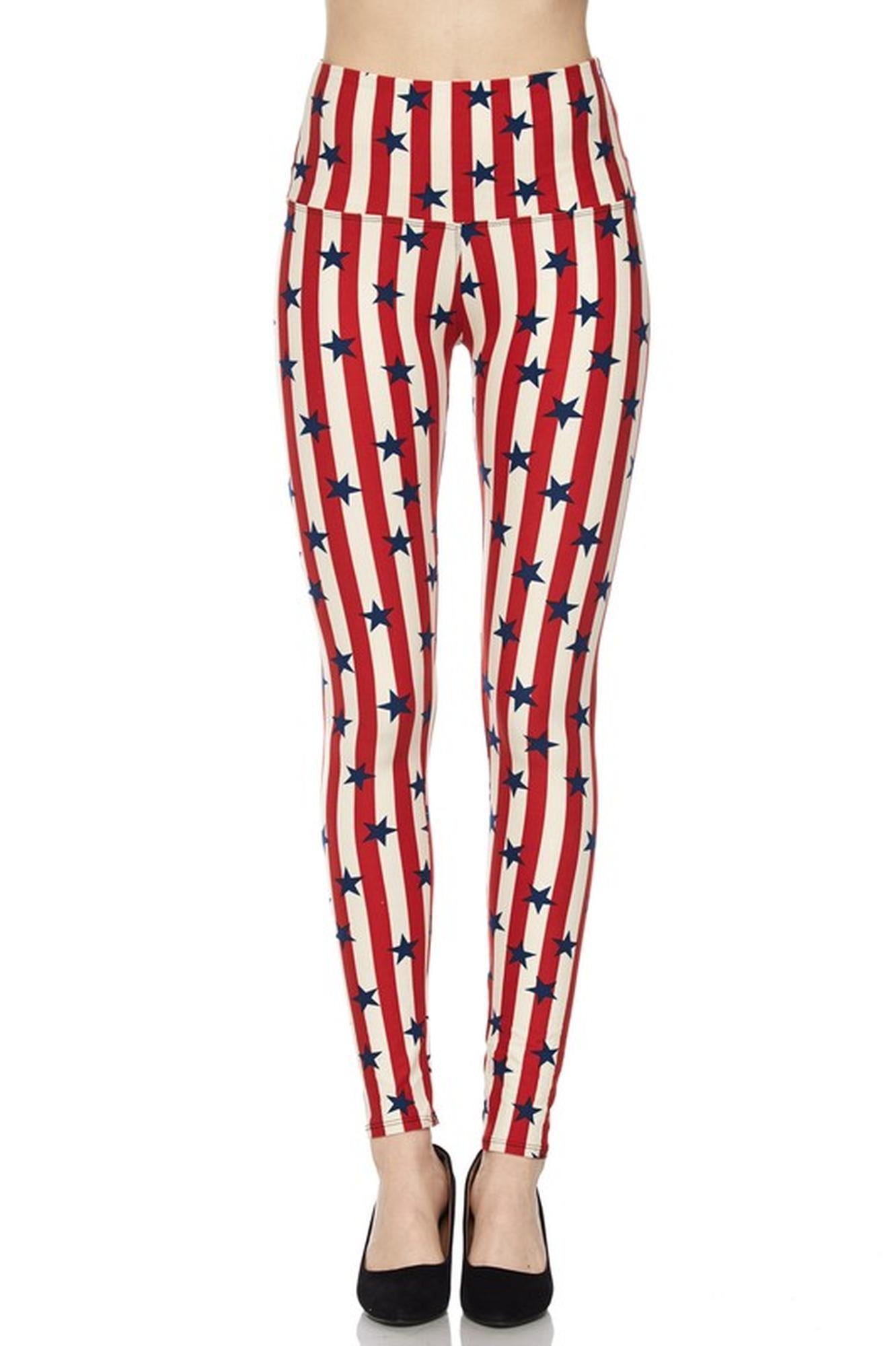 Buttery Soft High Waist Vertical Stripes USA Flag Leggings (One Size Regular,Red)