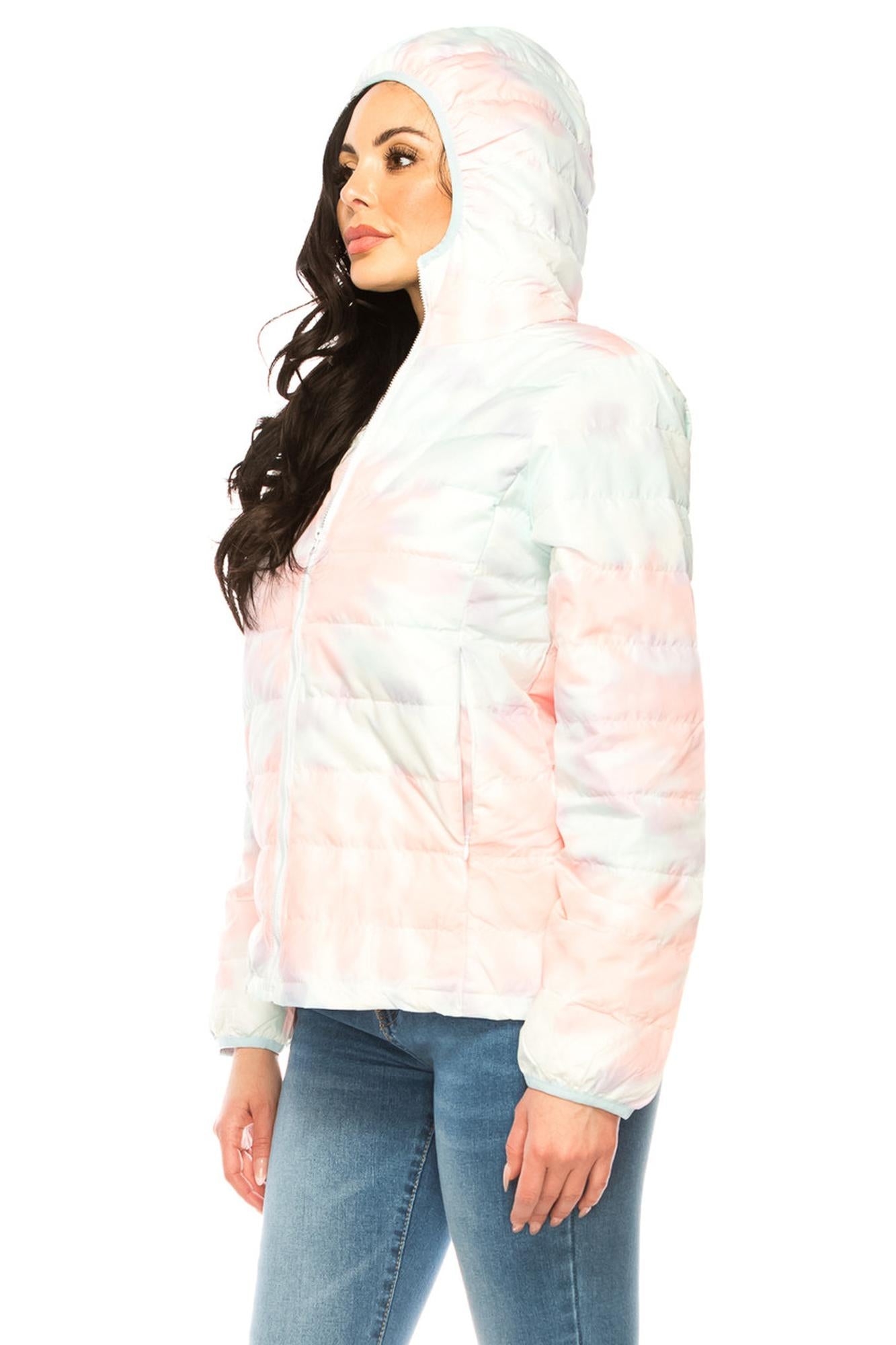 Women's Coral & Teal Swirl Winter Puffer Down Jacket (One Size Regular,Coral)