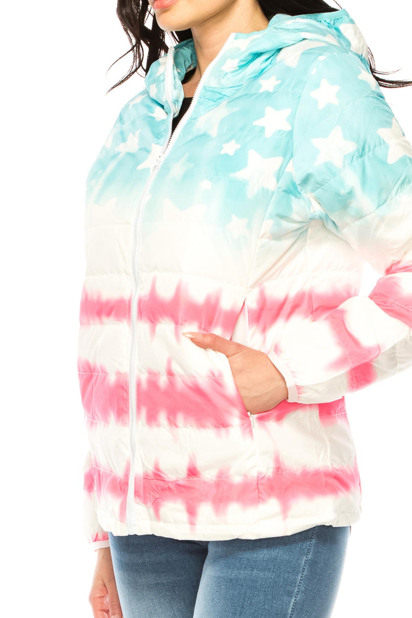 Women's Pink & Blue Star Daub Winter Puffer Down Jacket (One Size Regular,Blue)