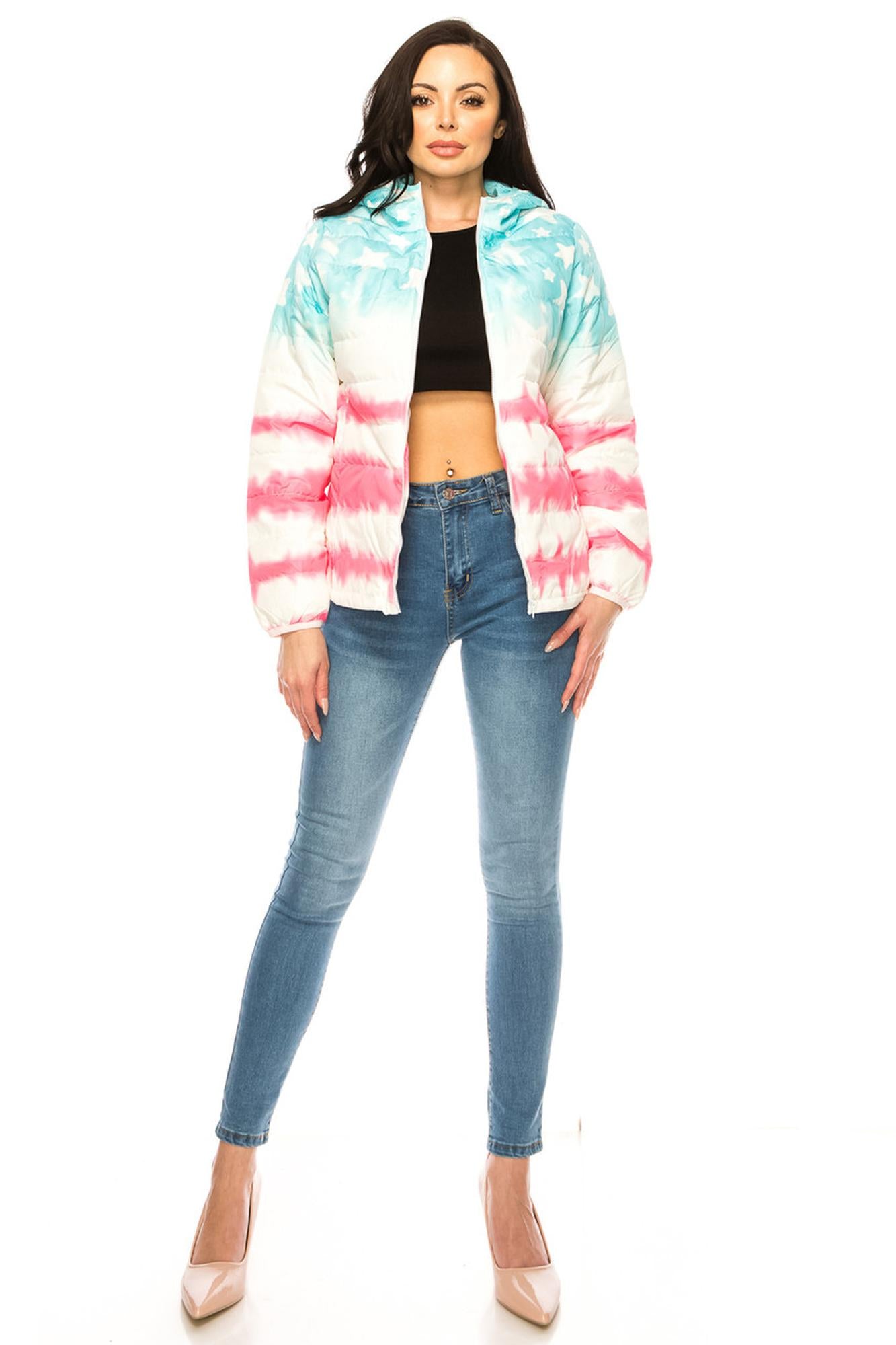 Women's Pink & Blue Star Daub Winter Puffer Down Jacket (One Size Regular,Blue)