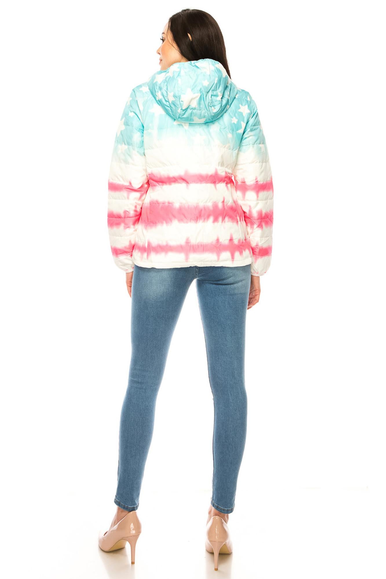 Women's Pink & Blue Star Daub Winter Puffer Down Jacket (One Size Regular,Blue)